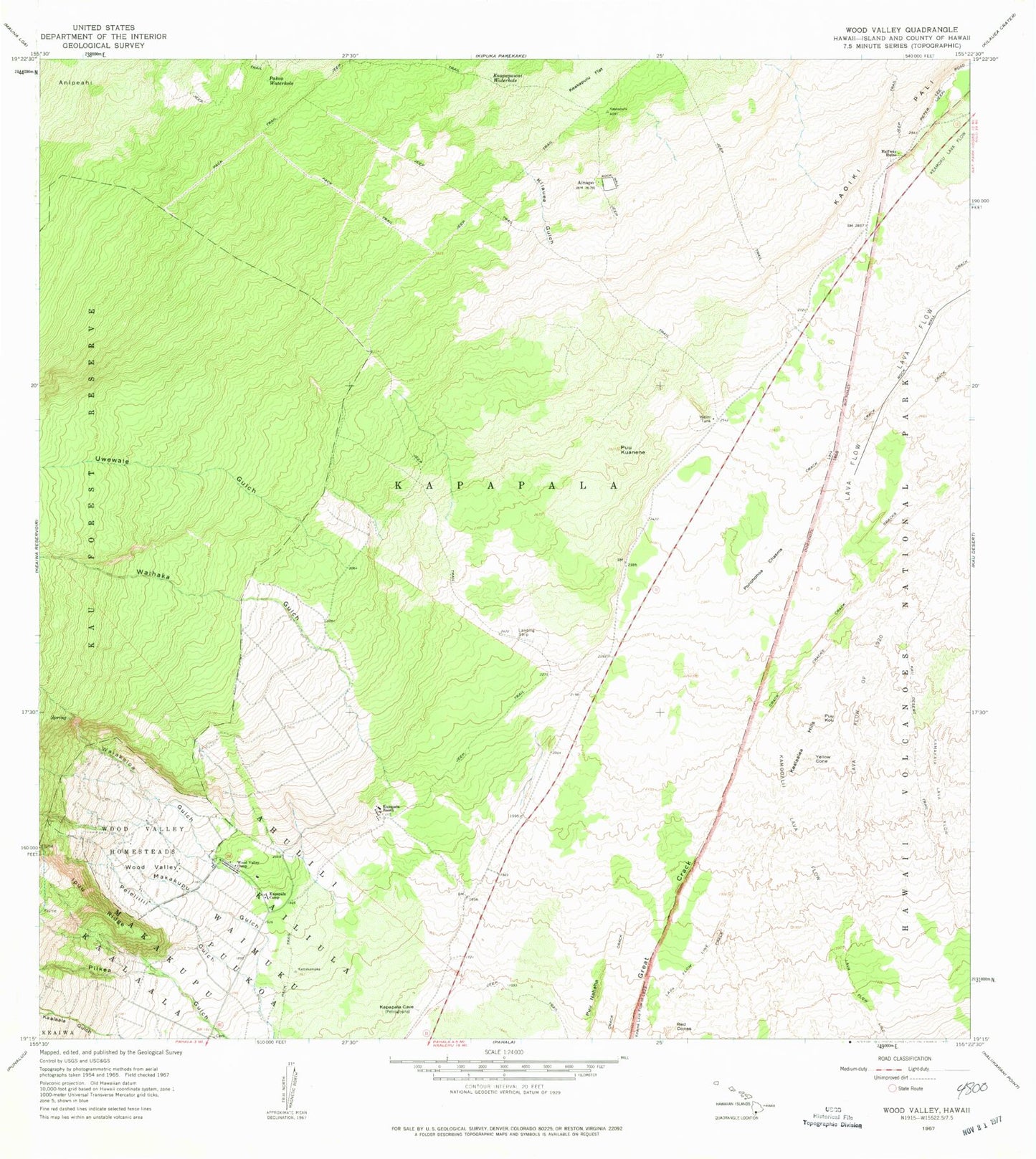 Classic USGS Wood Valley Hawaii 7.5'x7.5' Topo Map Image