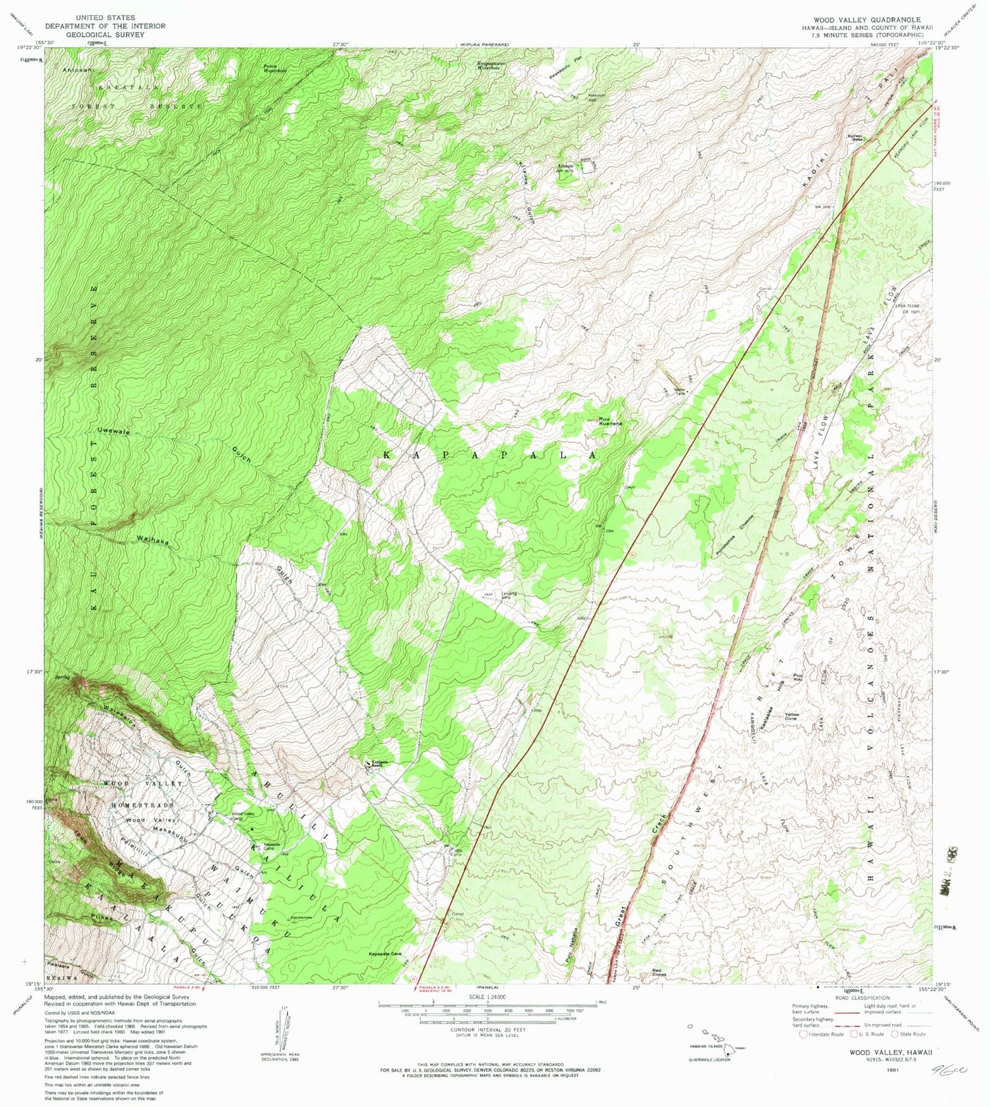 Classic USGS Wood Valley Hawaii 7.5'x7.5' Topo Map Image