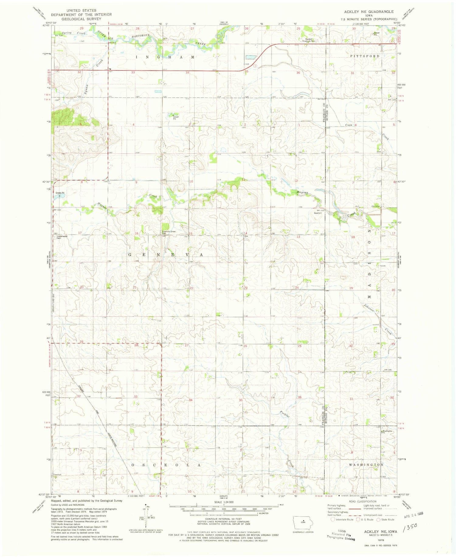 Classic USGS Ackley NE Iowa 7.5'x7.5' Topo Map Image