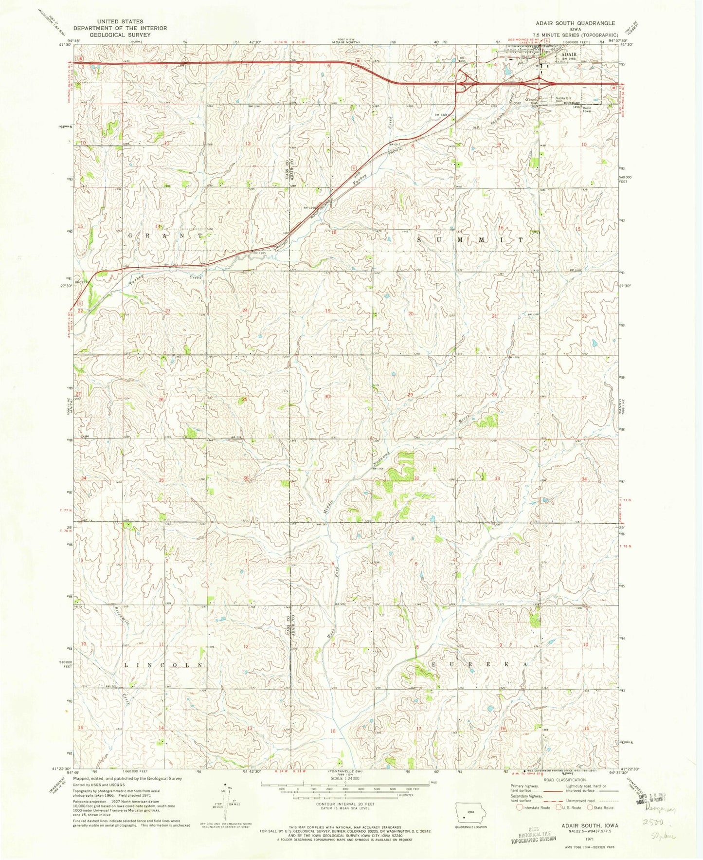Classic USGS Adair South Iowa 7.5'x7.5' Topo Map Image