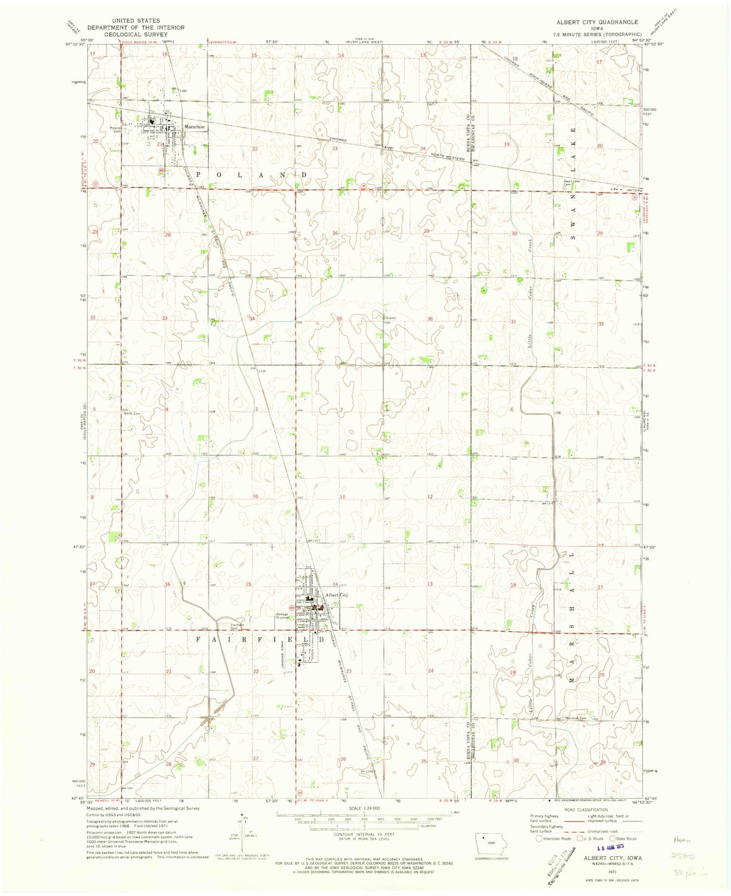 Classic USGS Albert City Iowa 7.5'x7.5' Topo Map Image