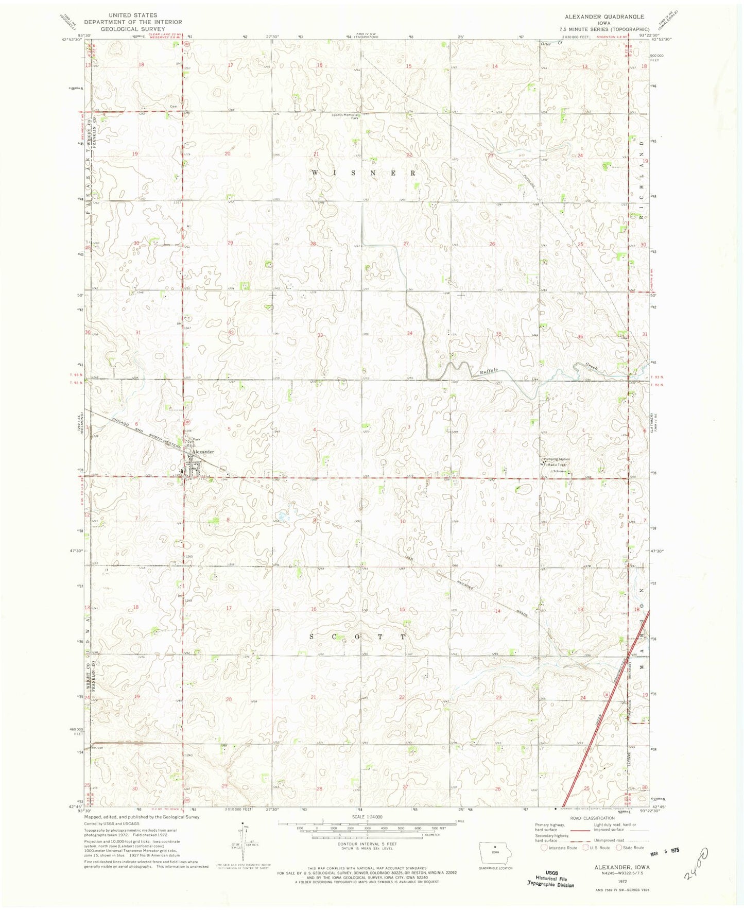 Classic USGS Alexander Iowa 7.5'x7.5' Topo Map Image