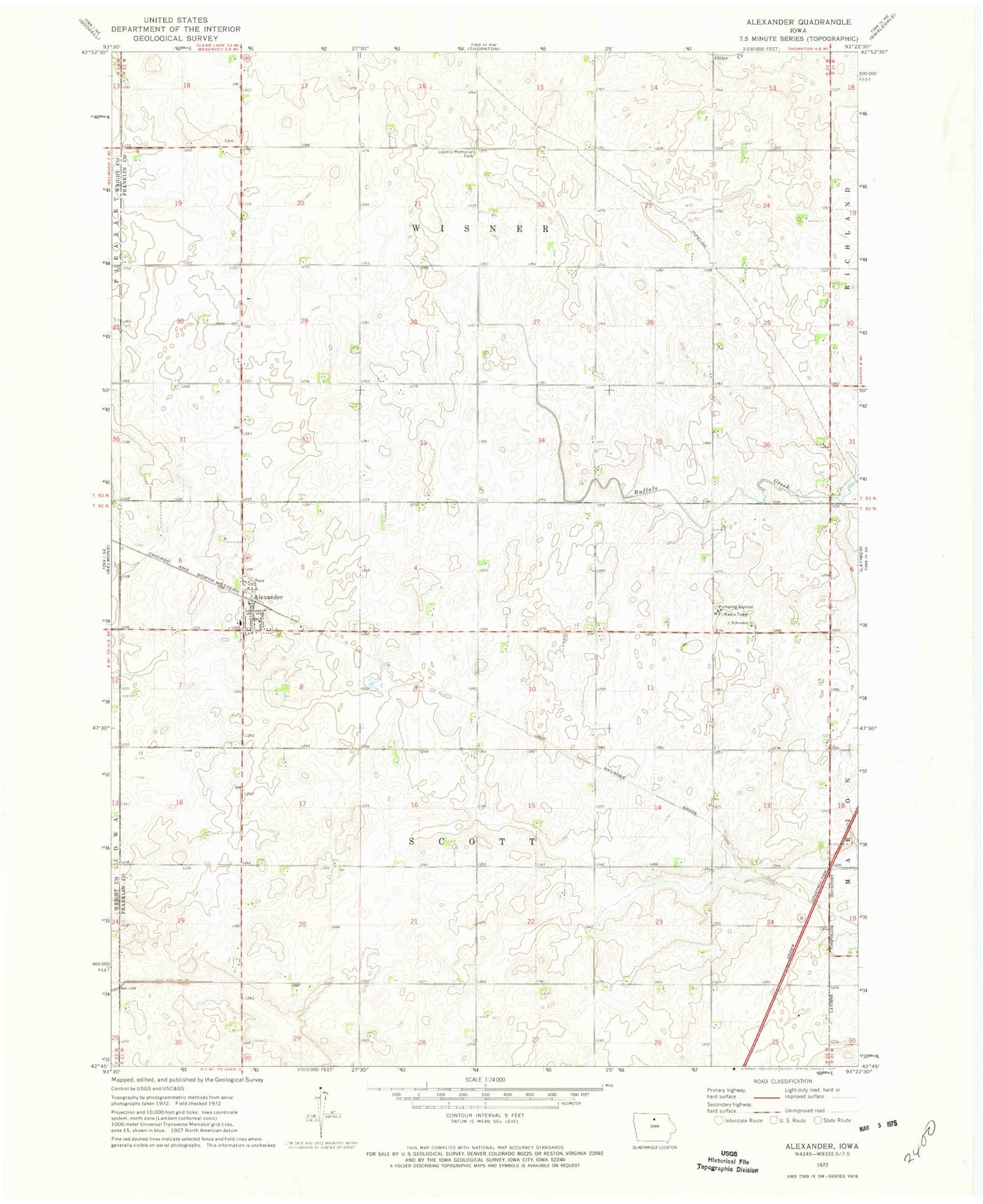 Classic USGS Alexander Iowa 7.5'x7.5' Topo Map Image