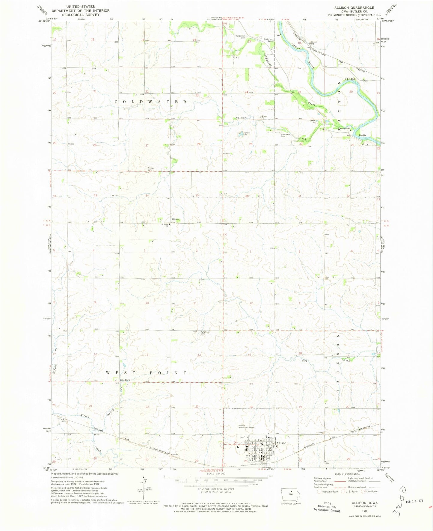 Classic USGS Allison Iowa 7.5'x7.5' Topo Map Image