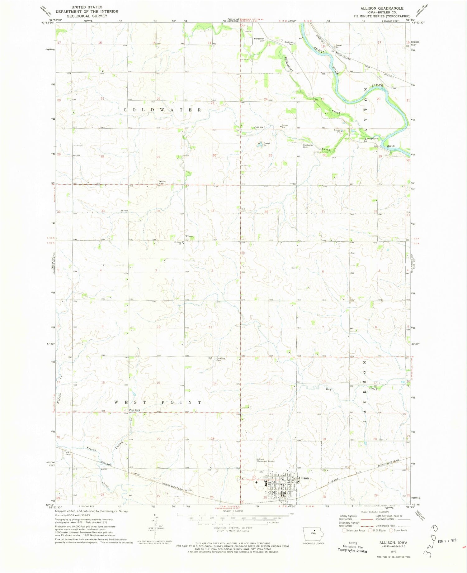 Classic USGS Allison Iowa 7.5'x7.5' Topo Map Image