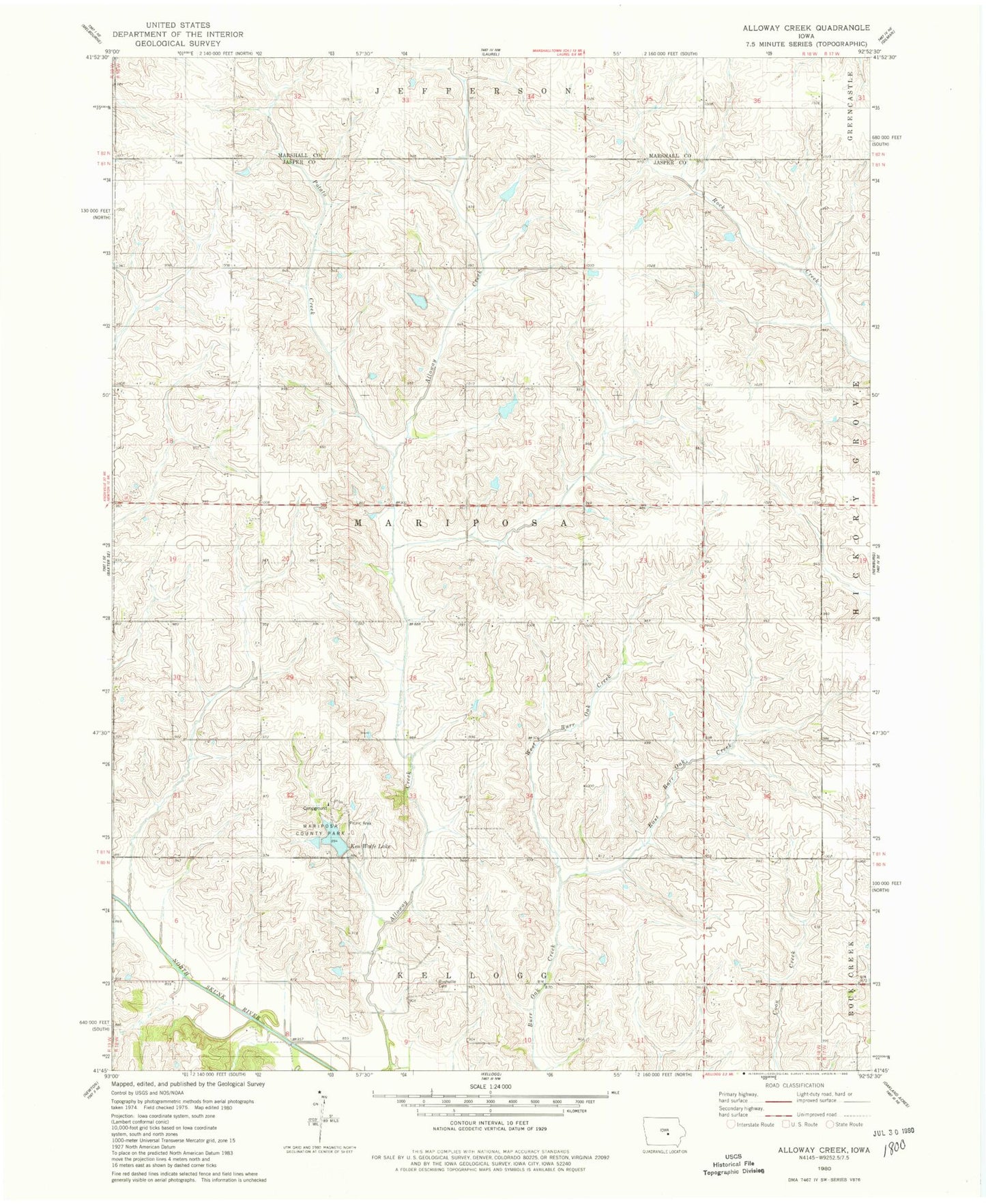 Classic USGS Alloway Creek Iowa 7.5'x7.5' Topo Map Image