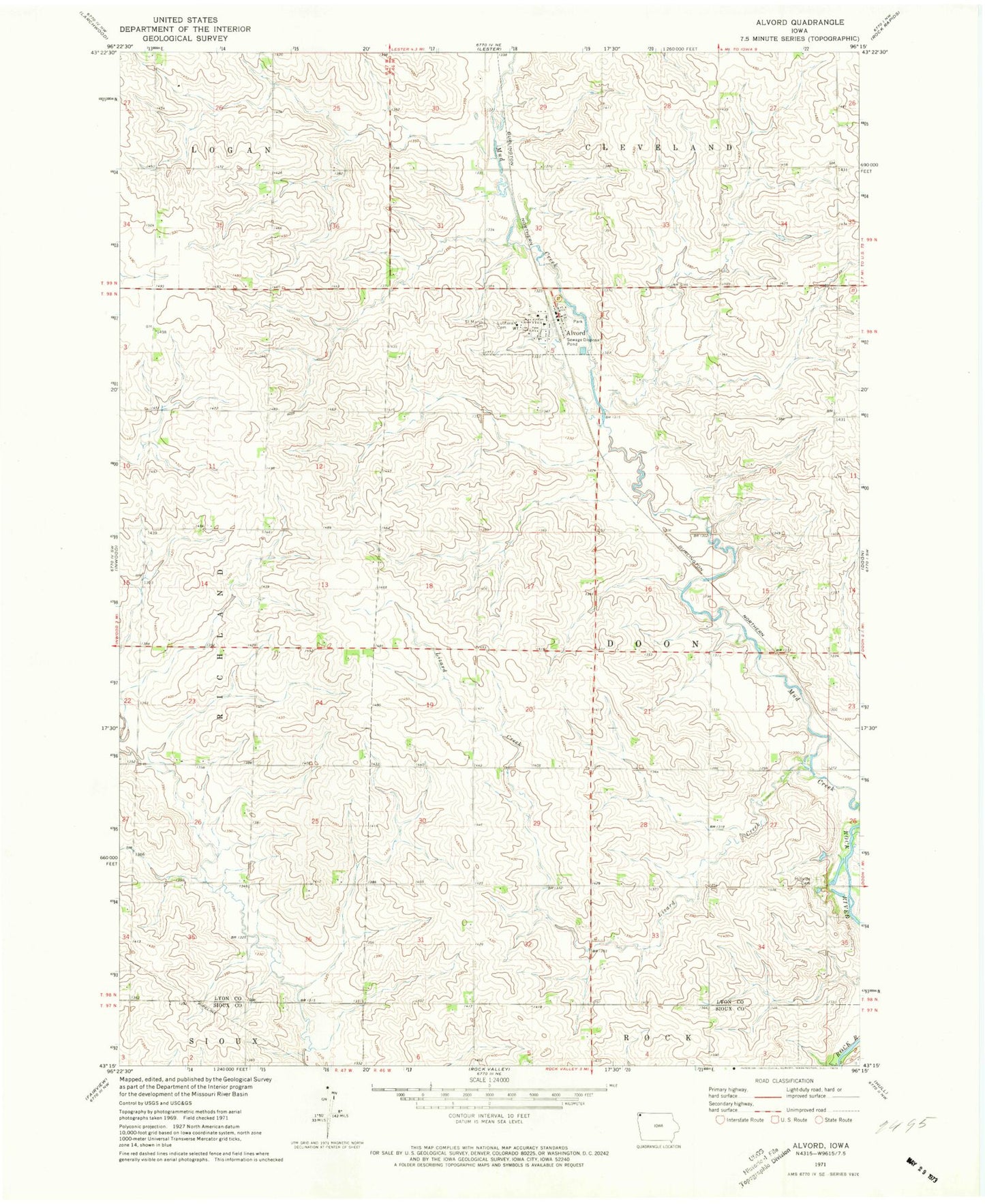 Classic USGS Alvord Iowa 7.5'x7.5' Topo Map Image