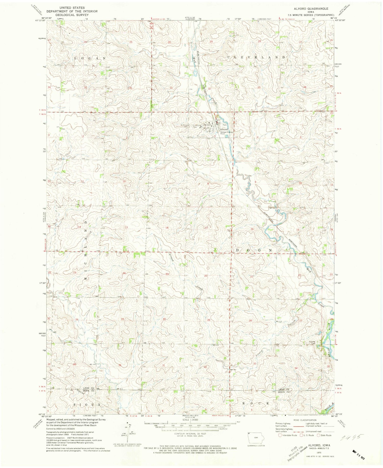 Classic USGS Alvord Iowa 7.5'x7.5' Topo Map Image