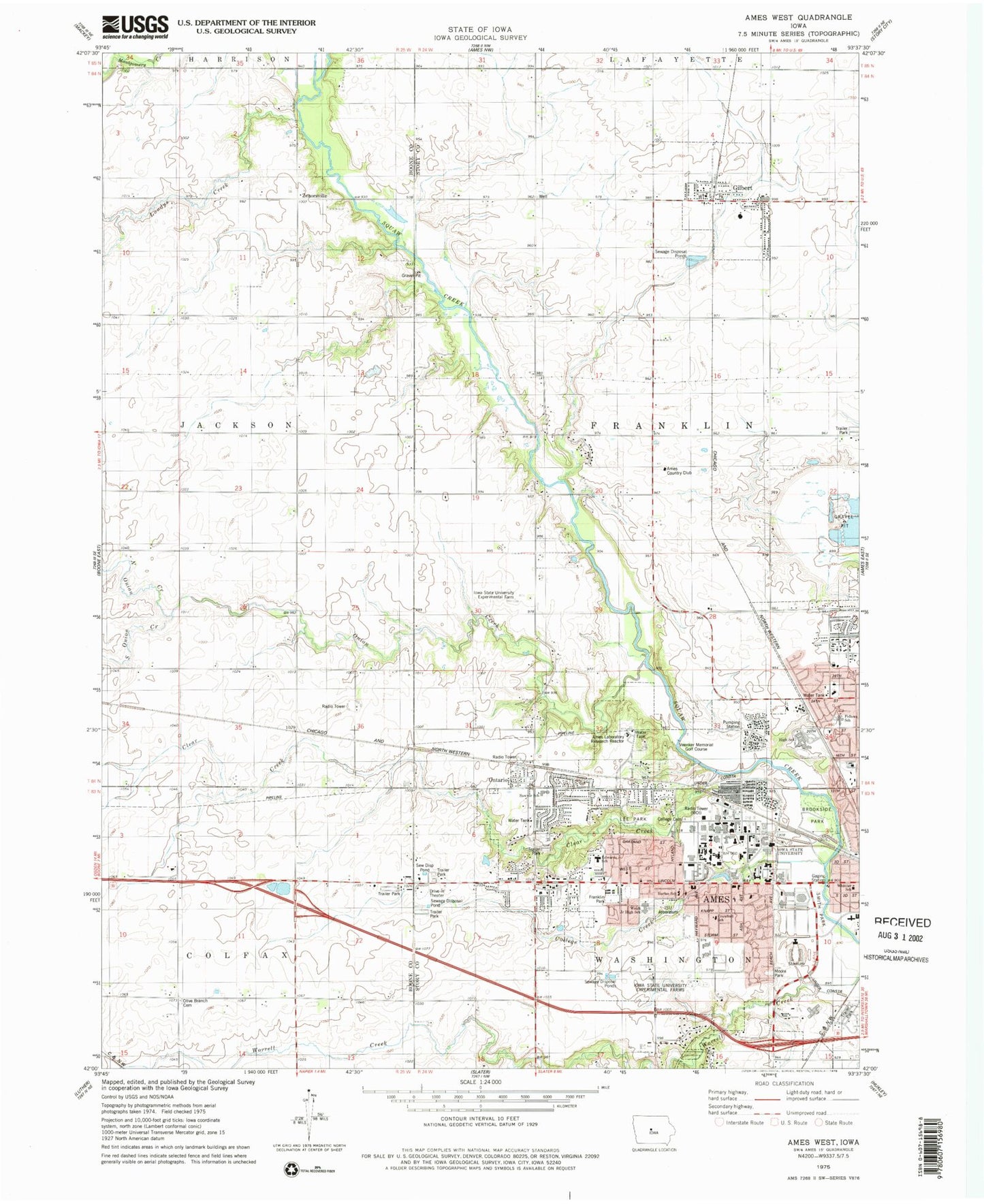 Classic USGS Ames West Iowa 7.5'x7.5' Topo Map Image