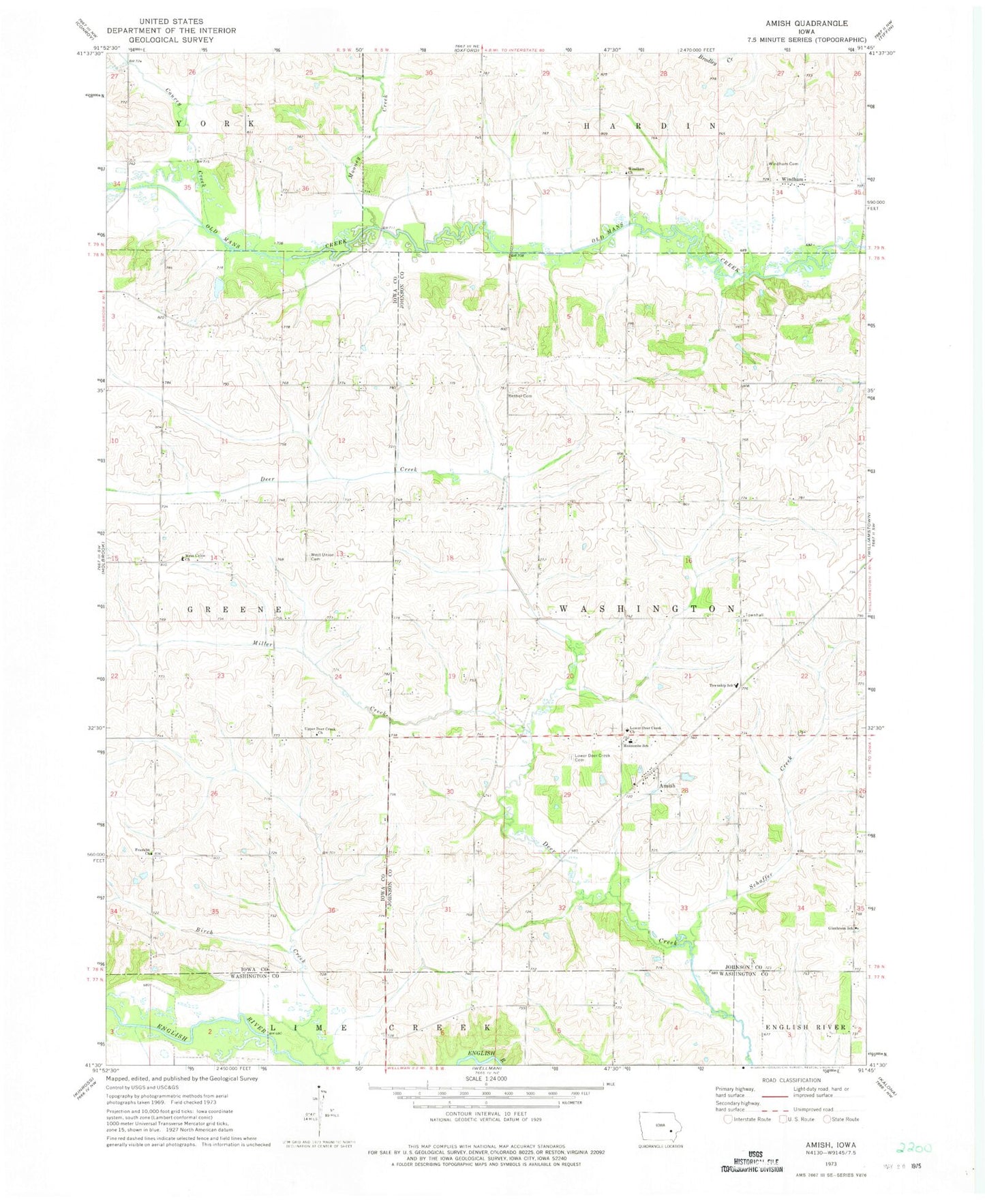 Classic USGS Amish Iowa 7.5'x7.5' Topo Map Image