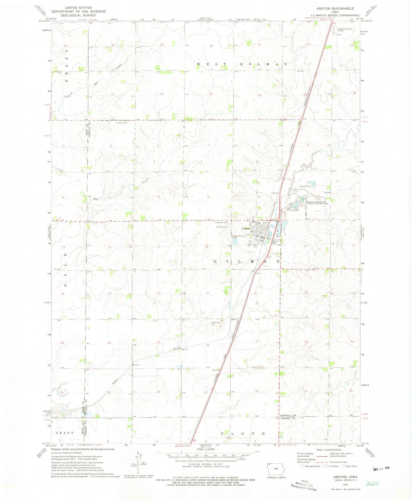 Classic USGS Ashton Iowa 7.5'x7.5' Topo Map Image
