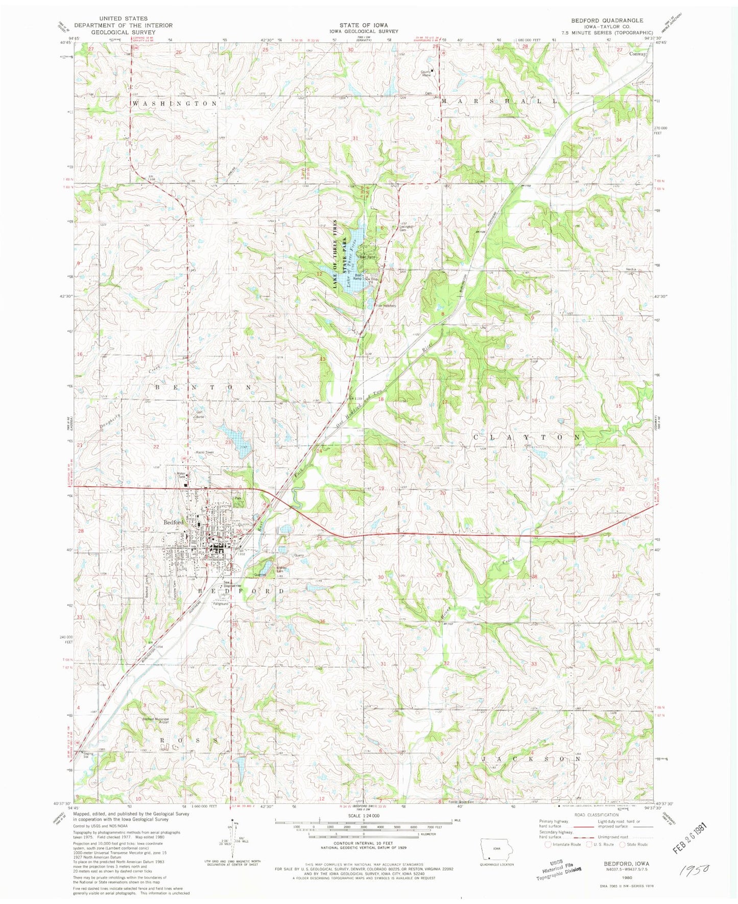 Classic USGS Bedford Iowa 7.5'x7.5' Topo Map Image