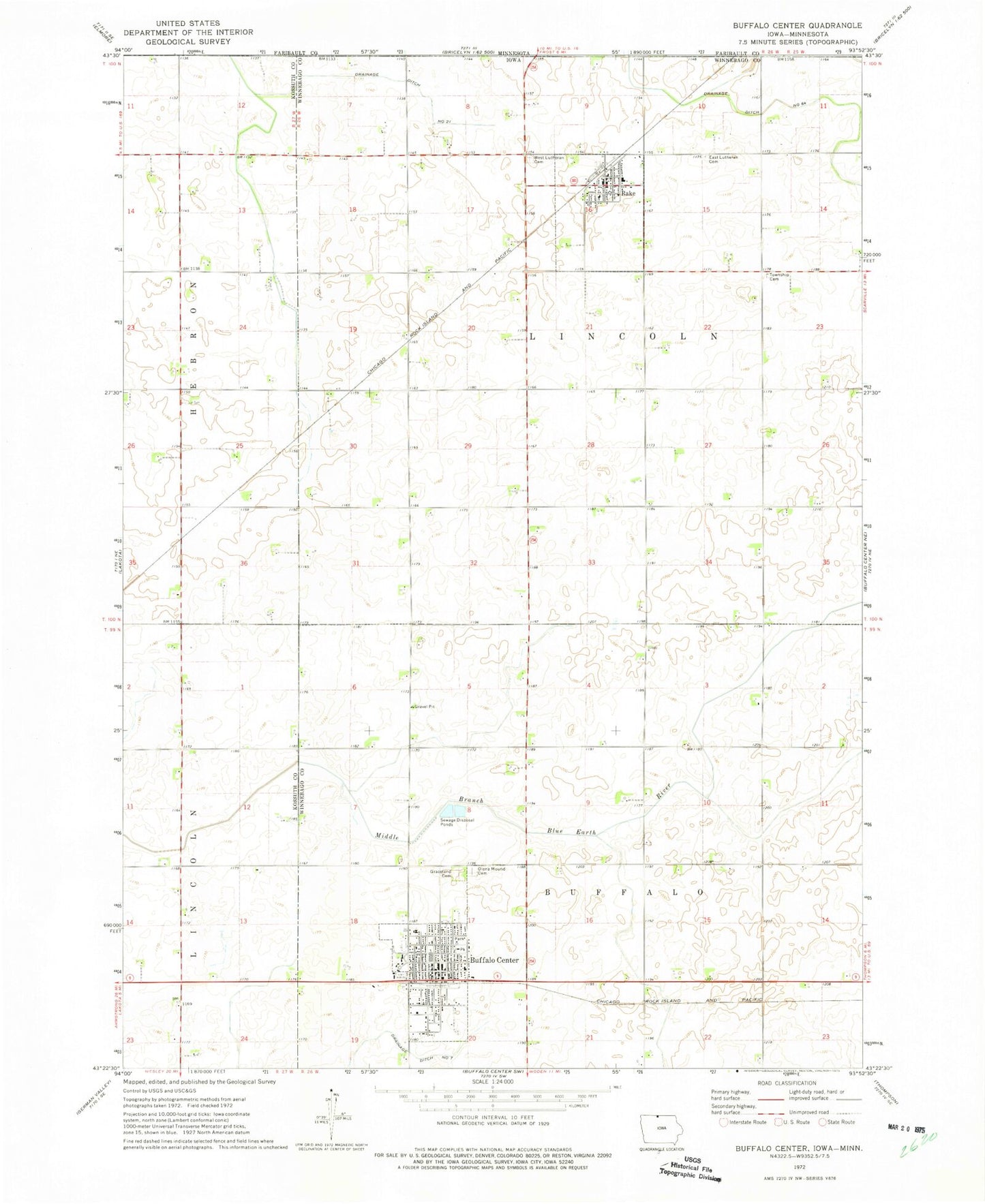 Classic USGS Buffalo Center Iowa 7.5'x7.5' Topo Map Image