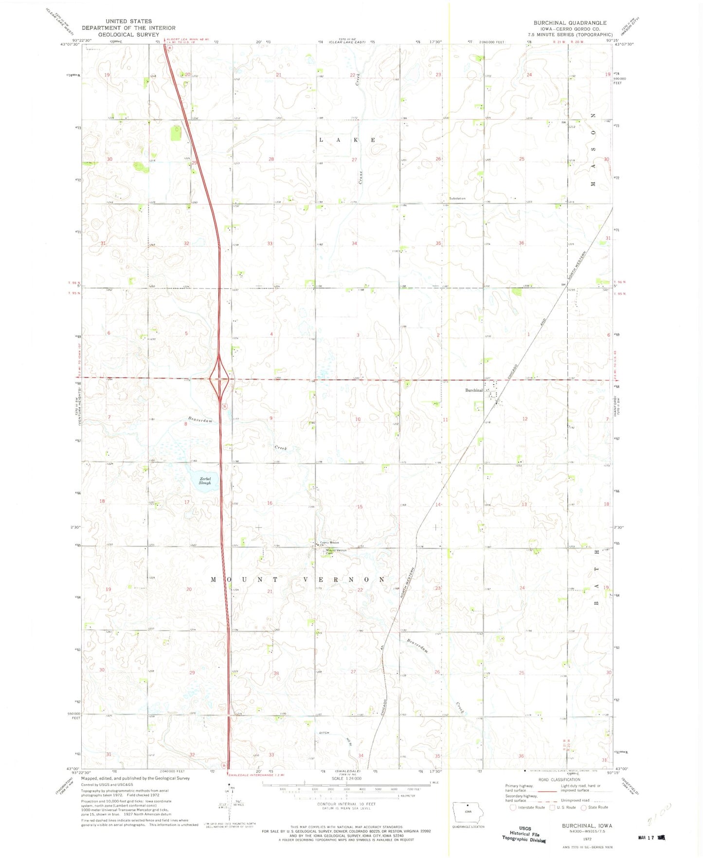 Classic USGS Burchinal Iowa 7.5'x7.5' Topo Map Image