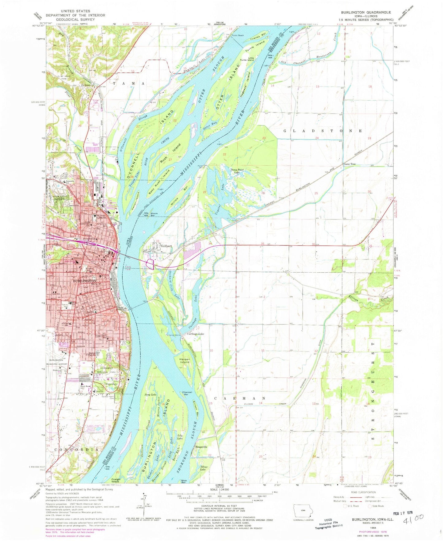 Classic USGS Burlington Iowa 7.5'x7.5' Topo Map Image