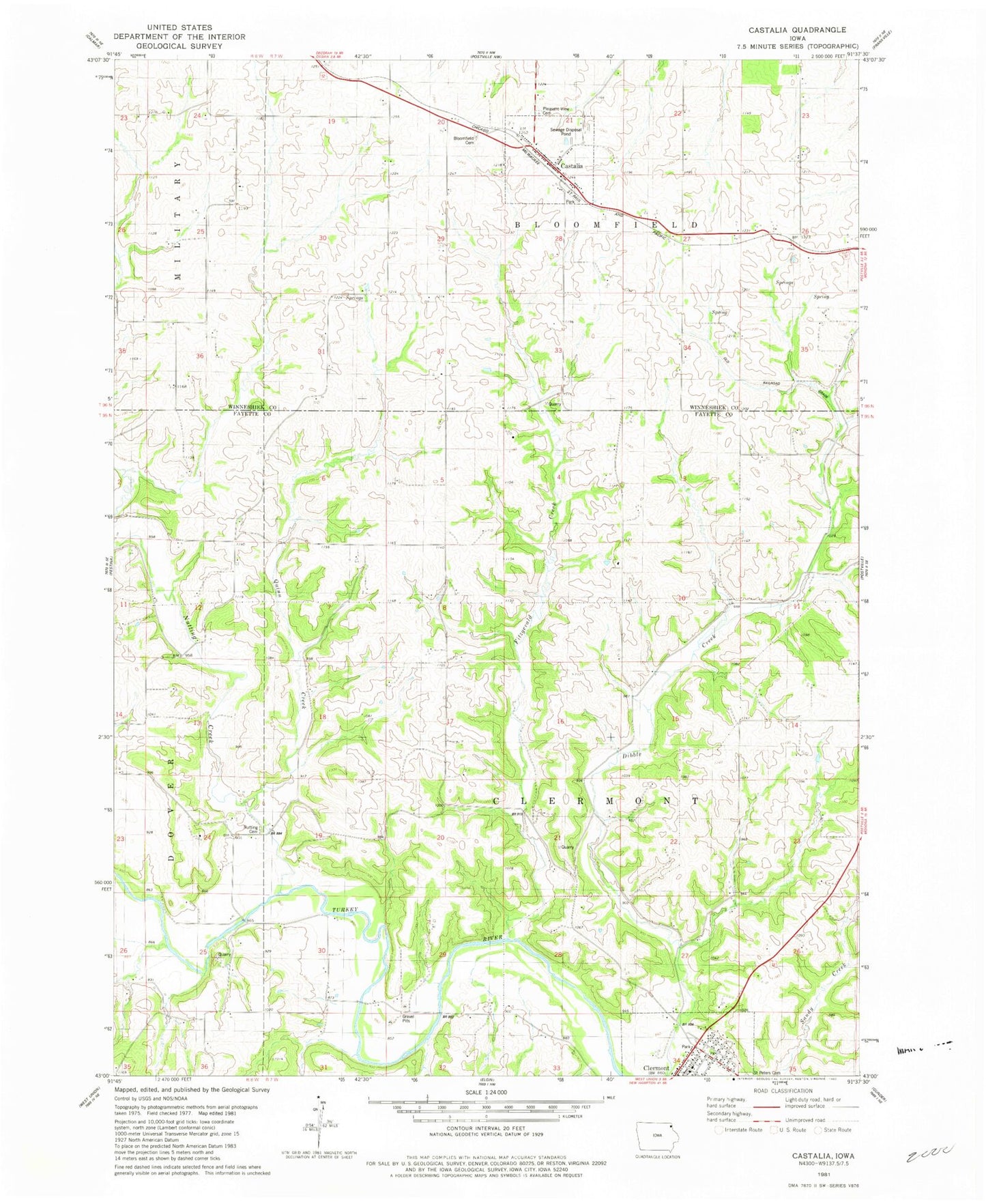 Classic USGS Castalia Iowa 7.5'x7.5' Topo Map Image