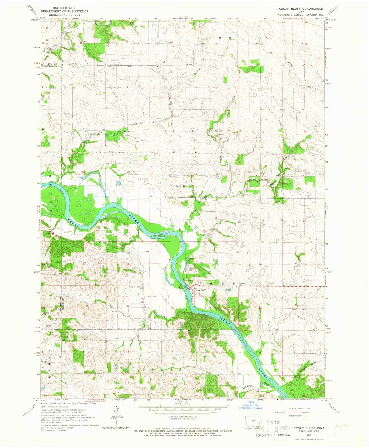 Classic USGS Cedar Bluff Iowa 7.5'x7.5' Topo Map Image