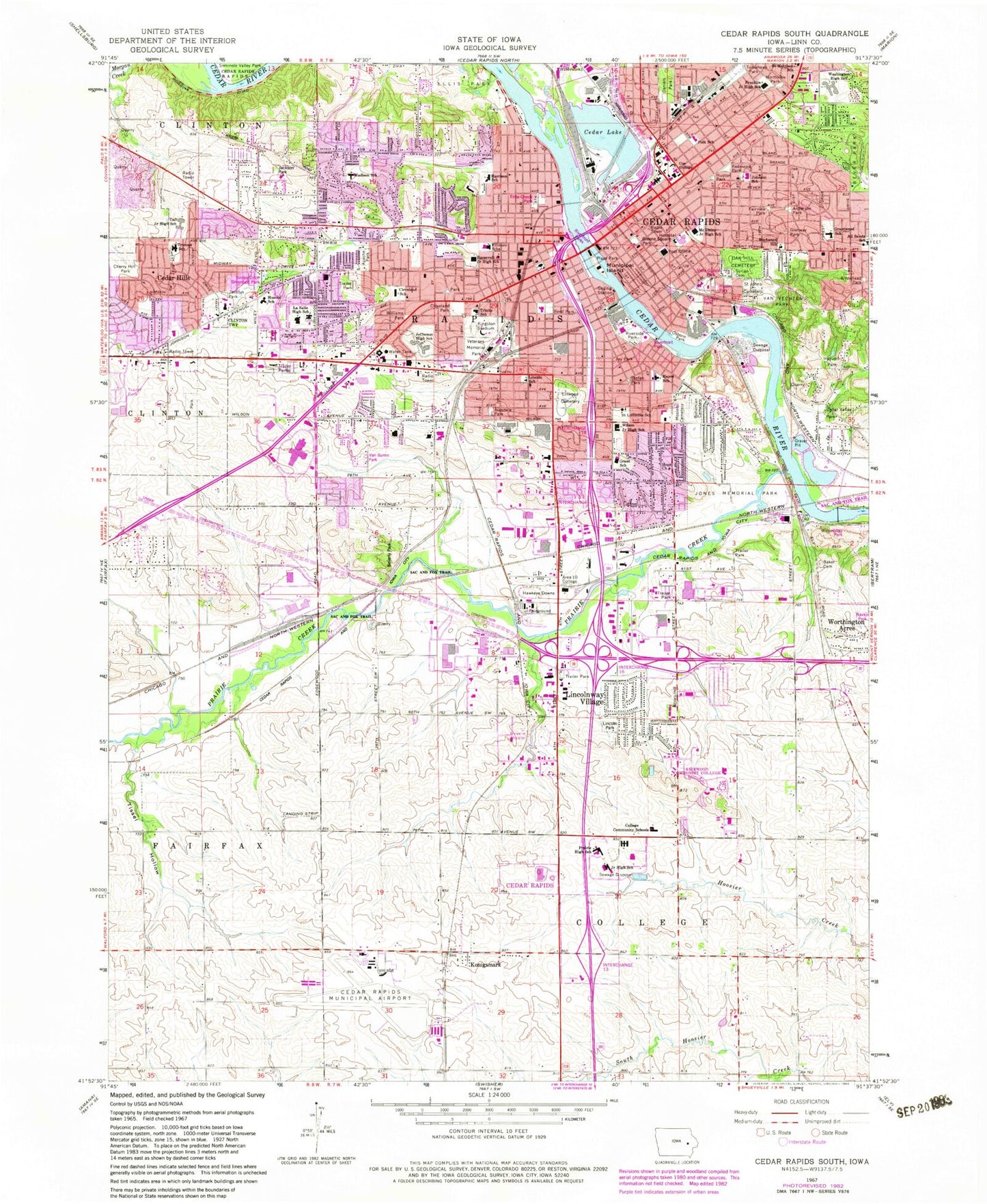 Classic USGS Cedar Rapids South Iowa 7.5'x7.5' Topo Map Image