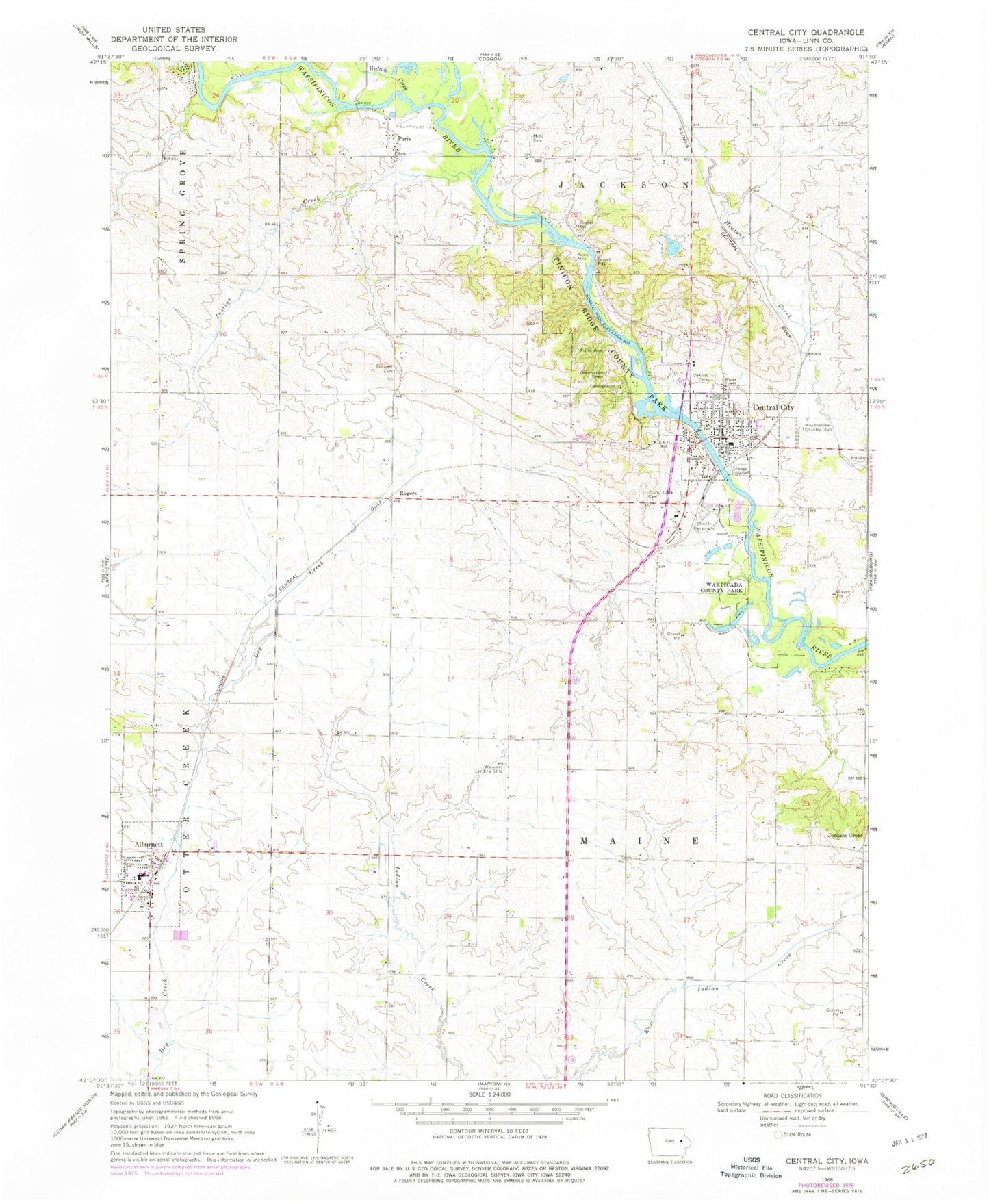 Classic USGS Central City Iowa 7.5'x7.5' Topo Map Image