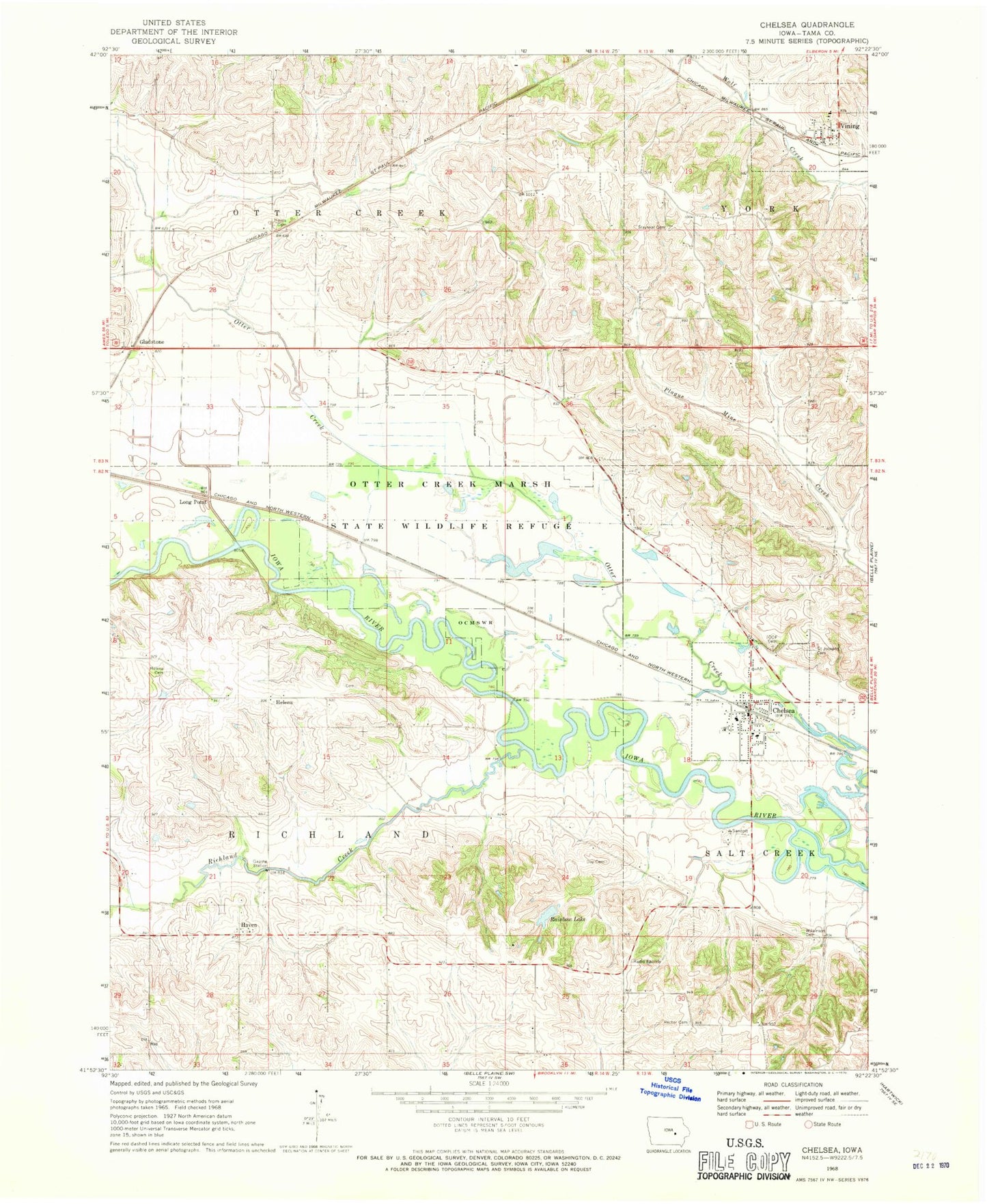 Classic USGS Chelsea Iowa 7.5'x7.5' Topo Map Image