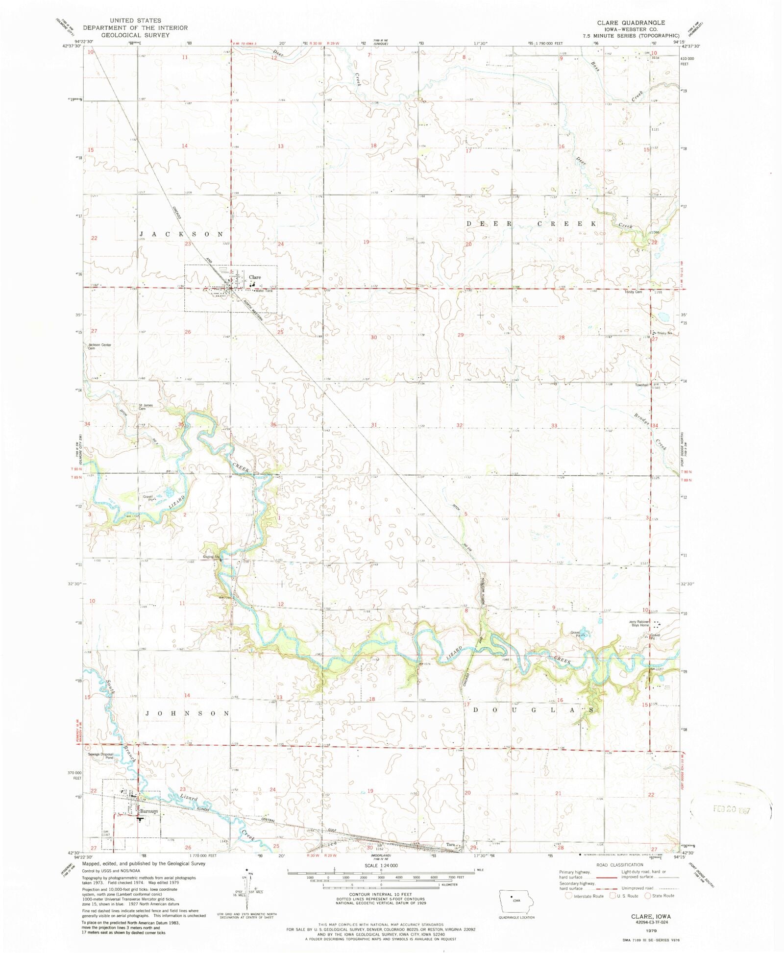 Classic USGS Clare Iowa 7.5'x7.5' Topo Map MyTopo Map Store