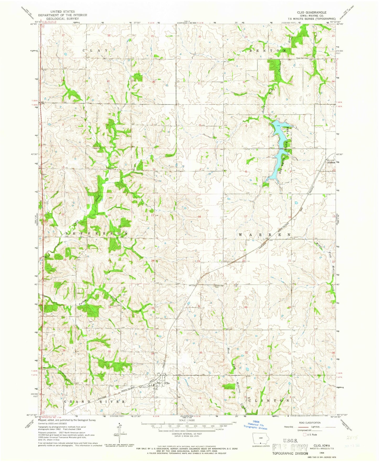 Classic USGS Clio Iowa 7.5'x7.5' Topo Map Image