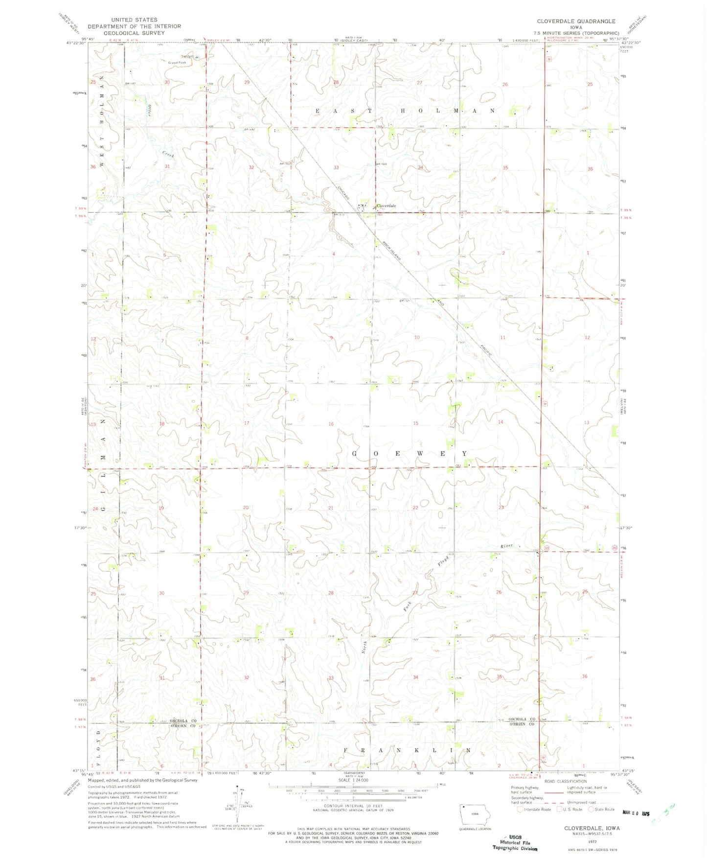 Classic USGS Cloverdale Iowa 7.5'x7.5' Topo Map Image