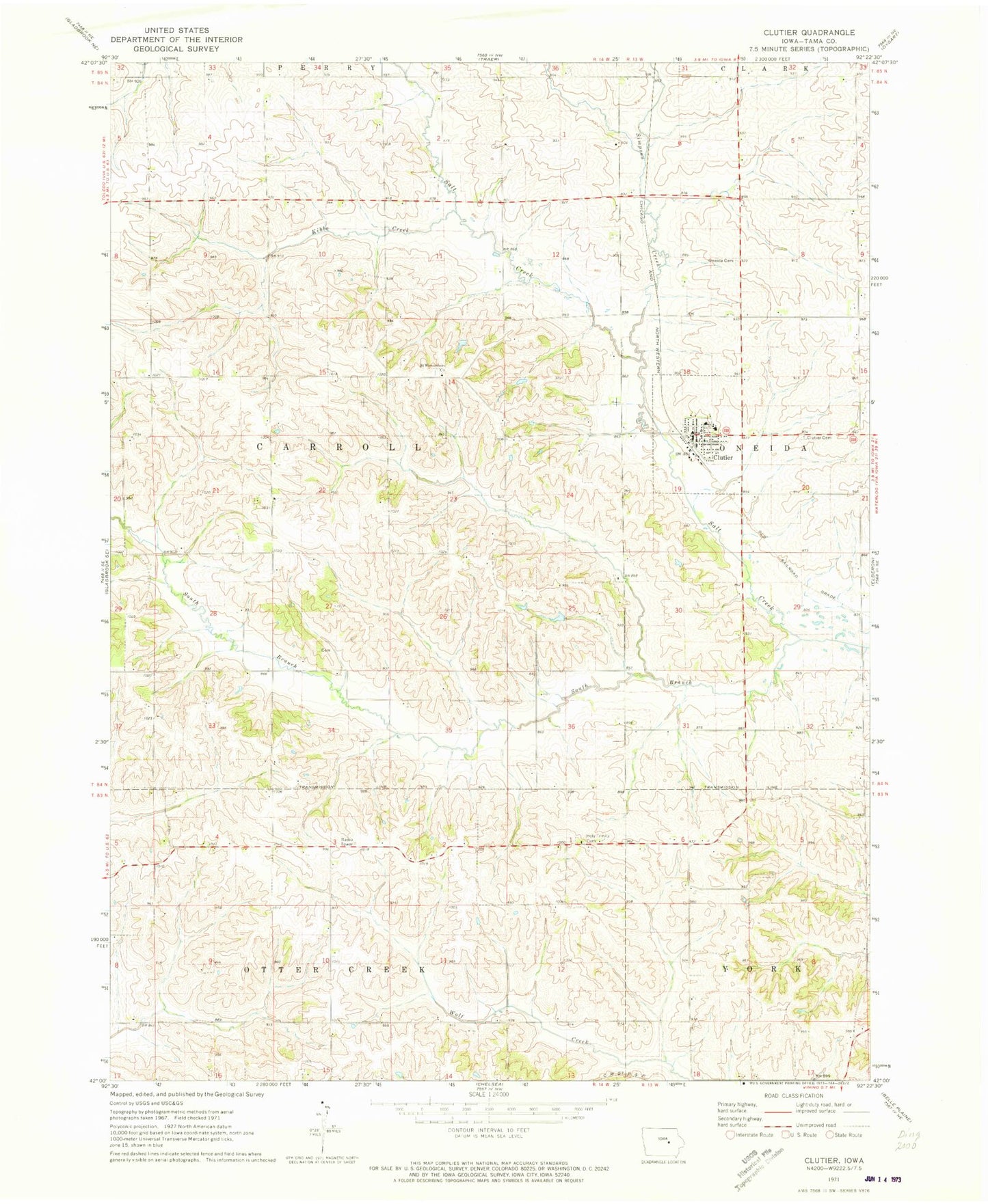 Classic USGS Clutier Iowa 7.5'x7.5' Topo Map Image