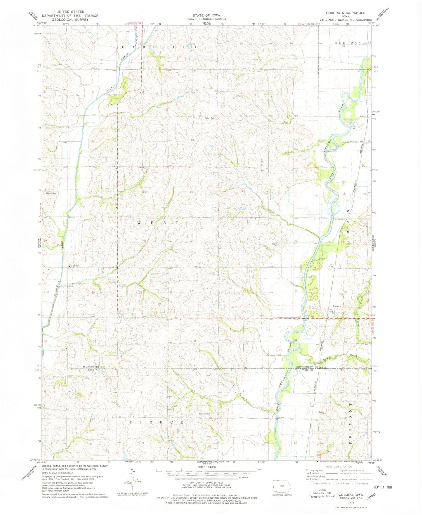 Classic USGS Coburg Iowa 7.5'x7.5' Topo Map Image