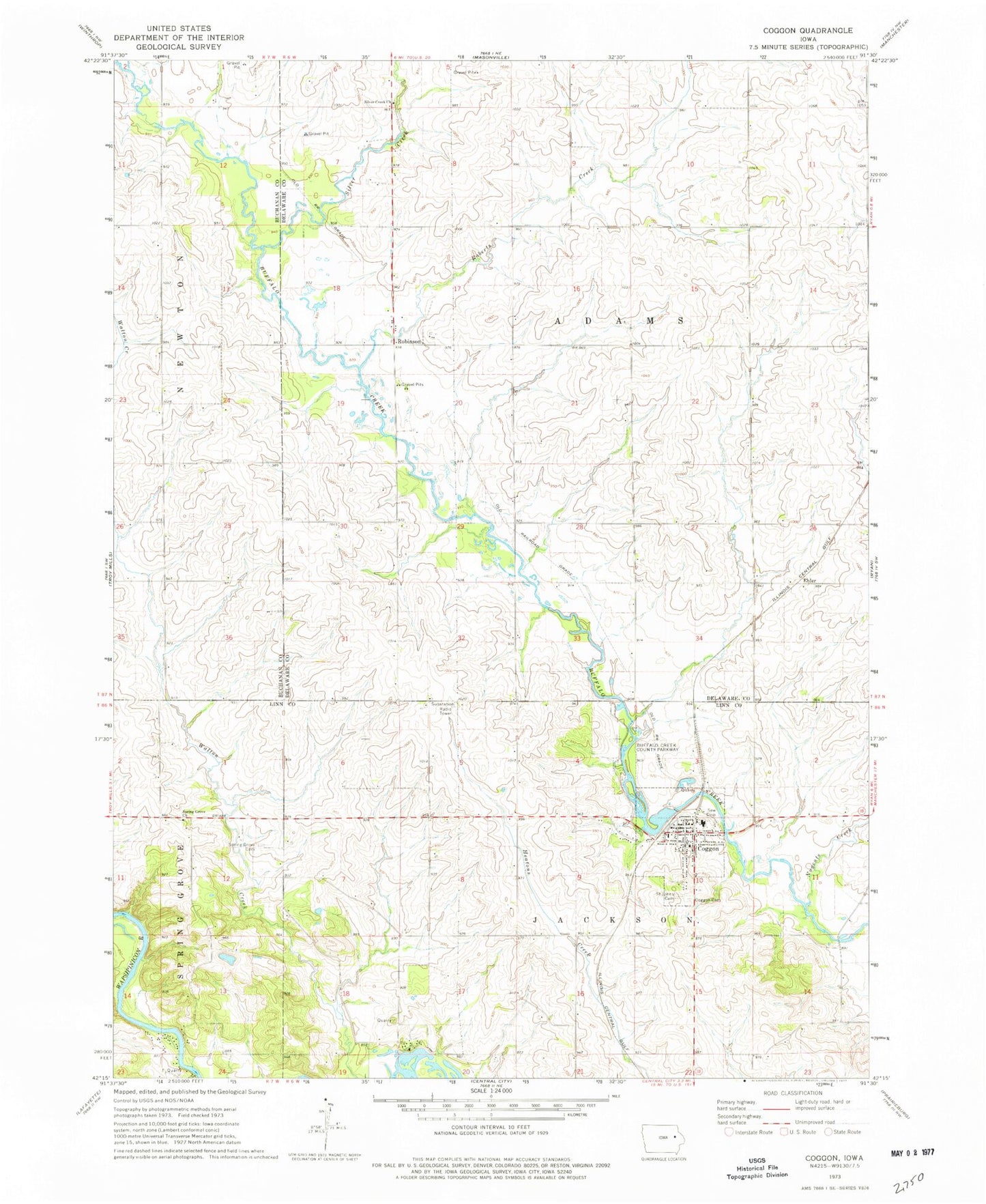 Classic USGS Coggon Iowa 7.5'x7.5' Topo Map Image