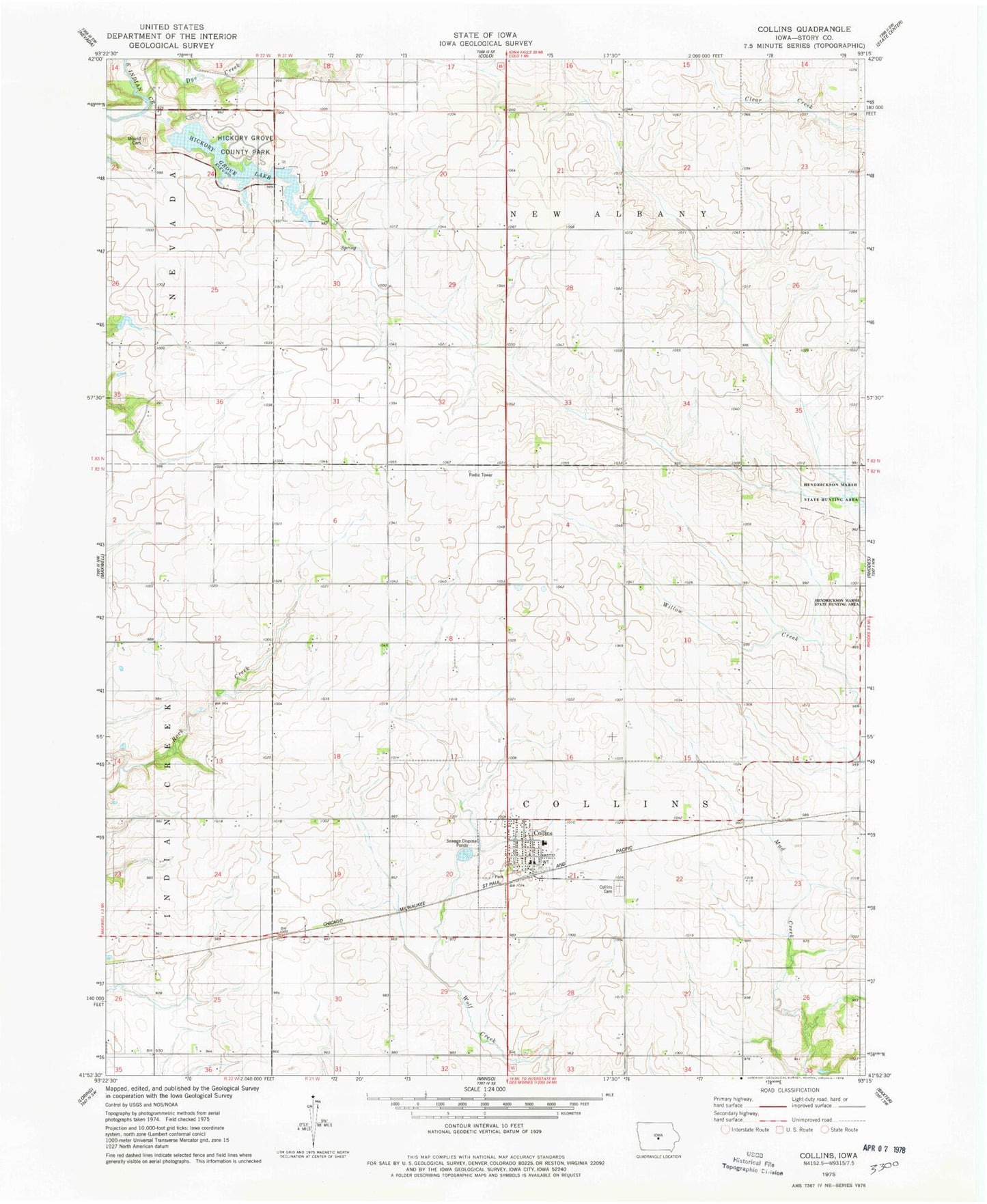 Classic USGS Collins Iowa 7.5'x7.5' Topo Map Image