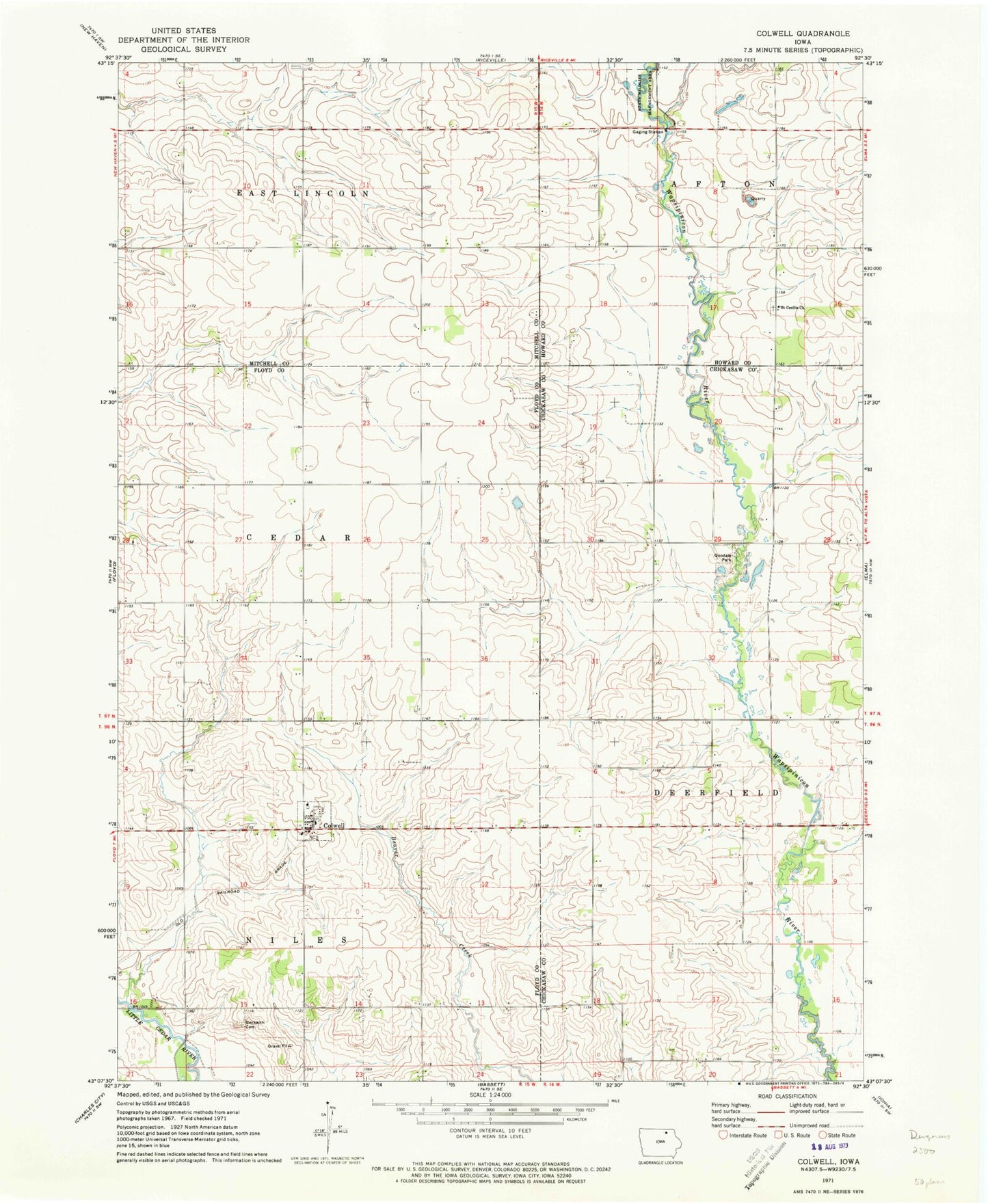 Classic USGS Colwell Iowa 7.5'x7.5' Topo Map Image