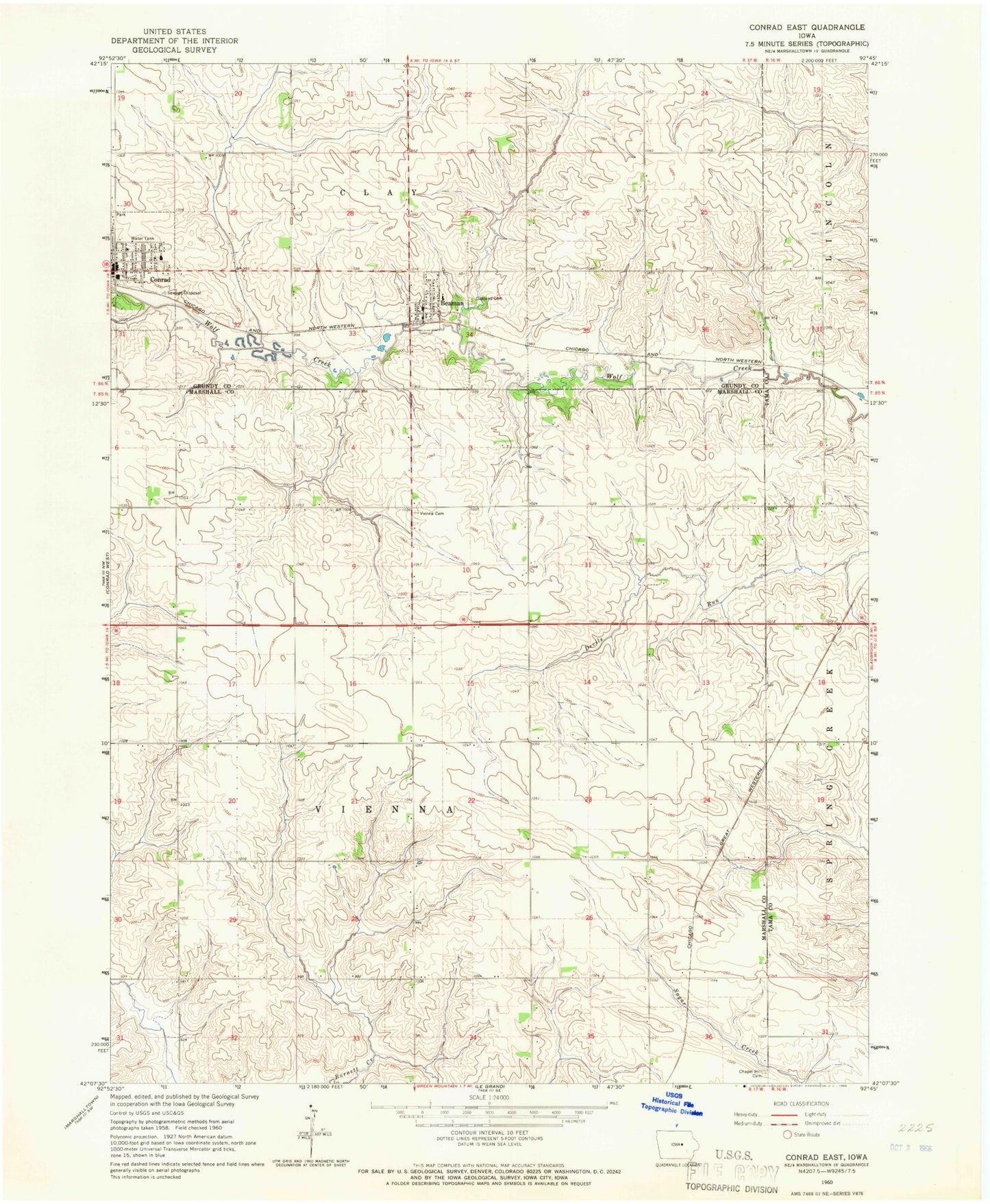 Classic USGS Conrad East Iowa 7.5'x7.5' Topo Map Image