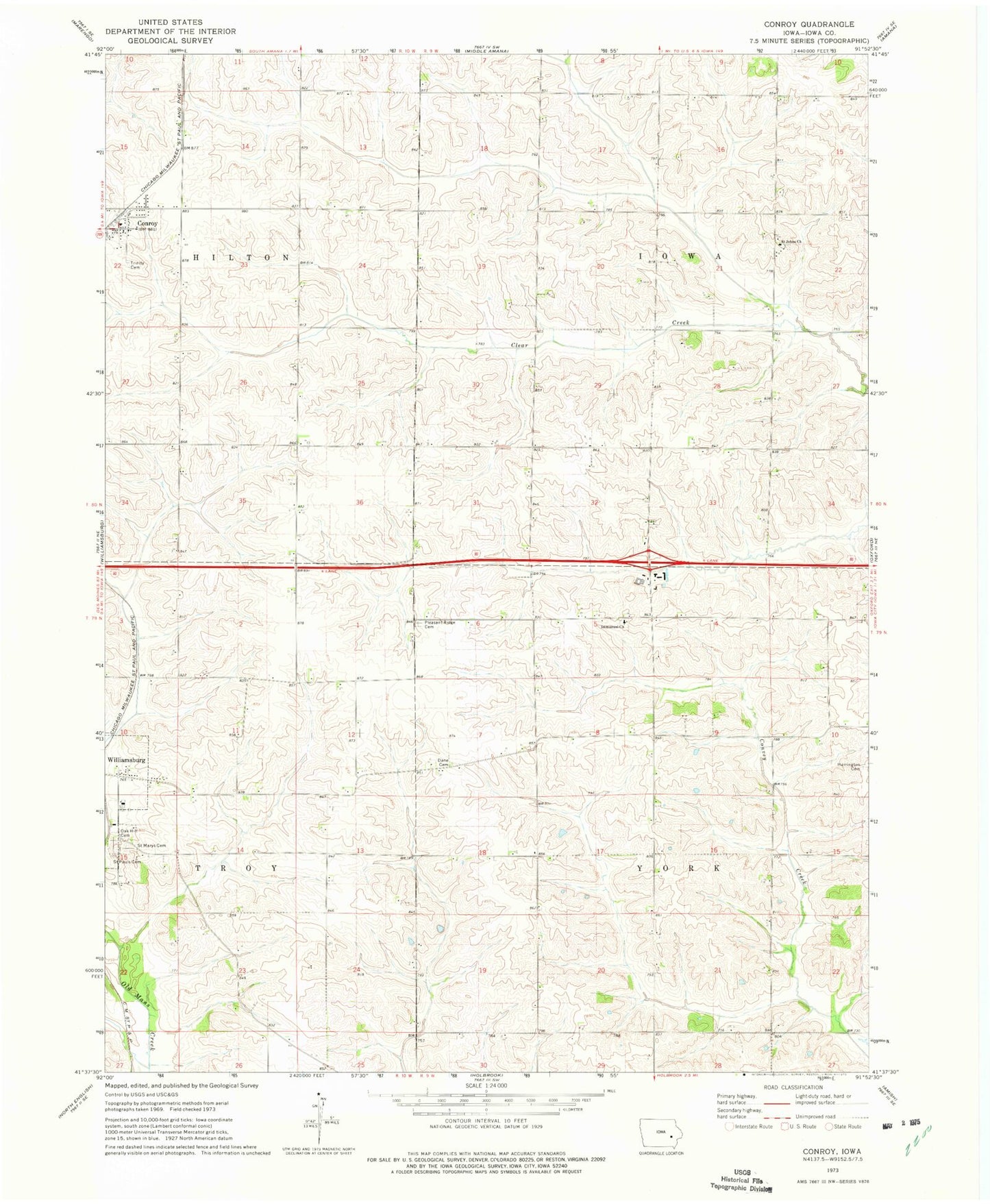 Classic USGS Conroy Iowa 7.5'x7.5' Topo Map Image