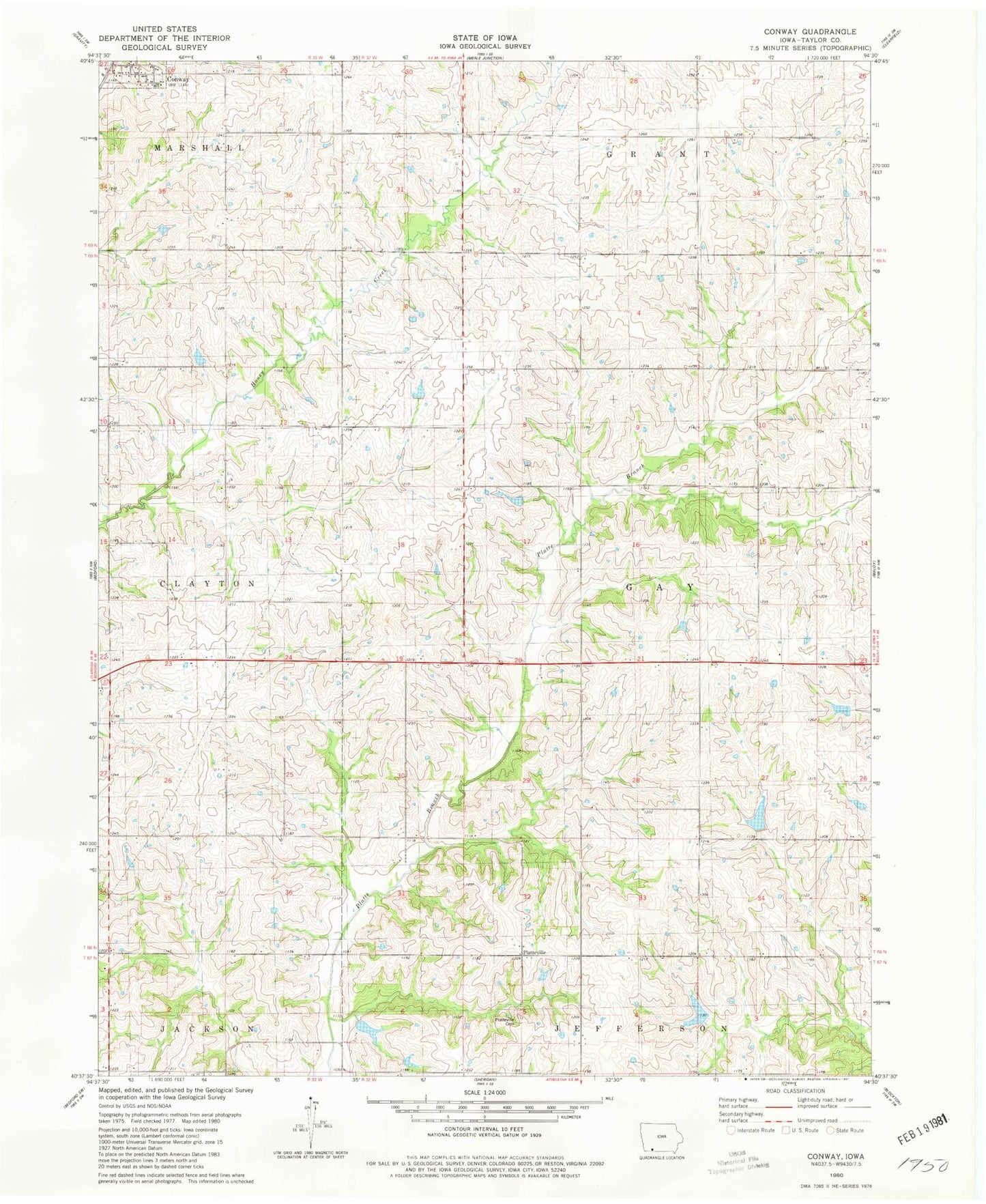 Classic USGS Conway Iowa 7.5'x7.5' Topo Map Image