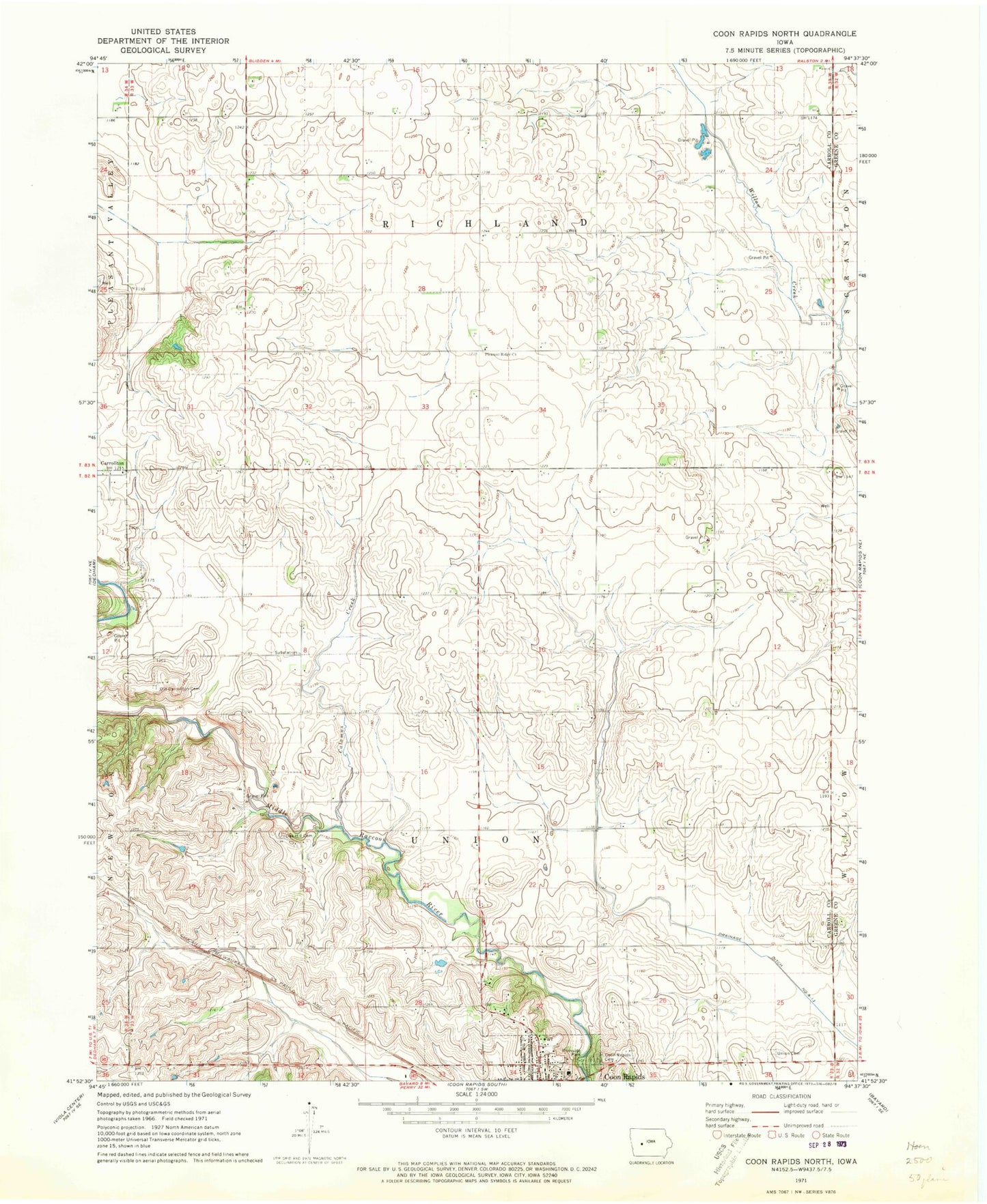 Classic USGS Coon Rapids North Iowa 7.5'x7.5' Topo Map Image