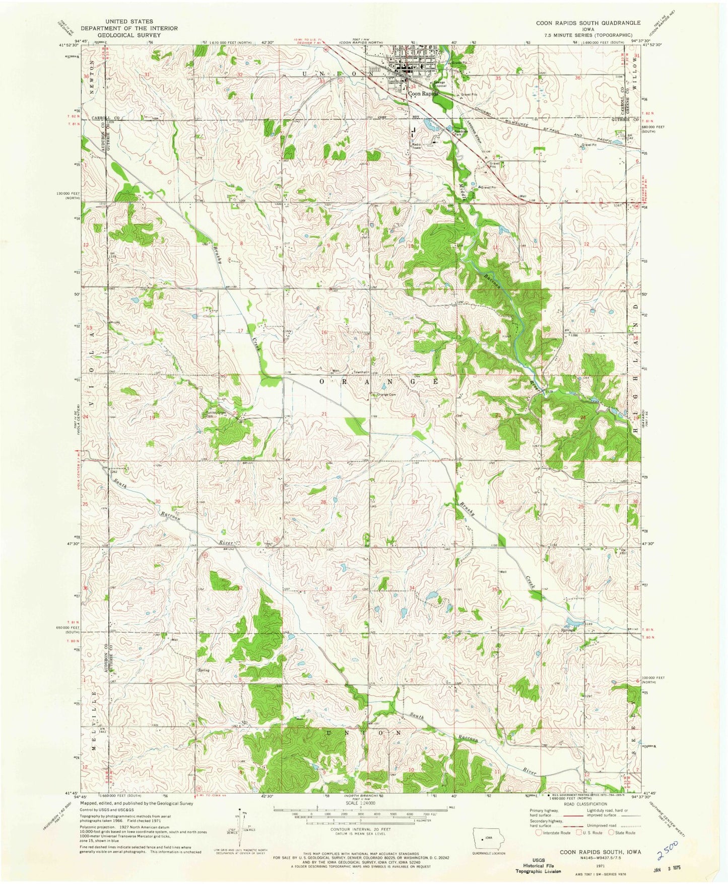 Classic USGS Coon Rapids South Iowa 7.5'x7.5' Topo Map Image