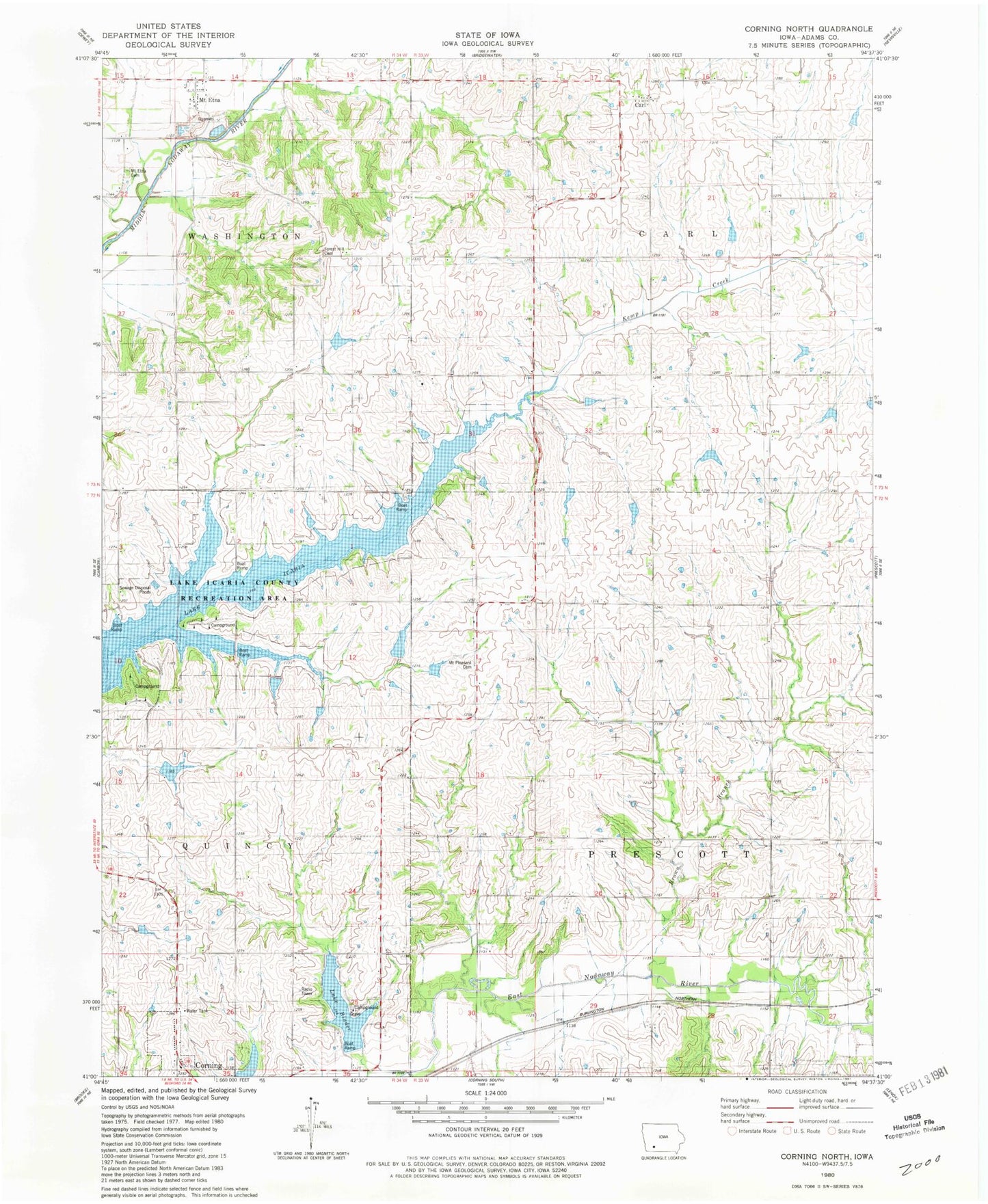 Classic USGS Corning North Iowa 7.5'x7.5' Topo Map Image