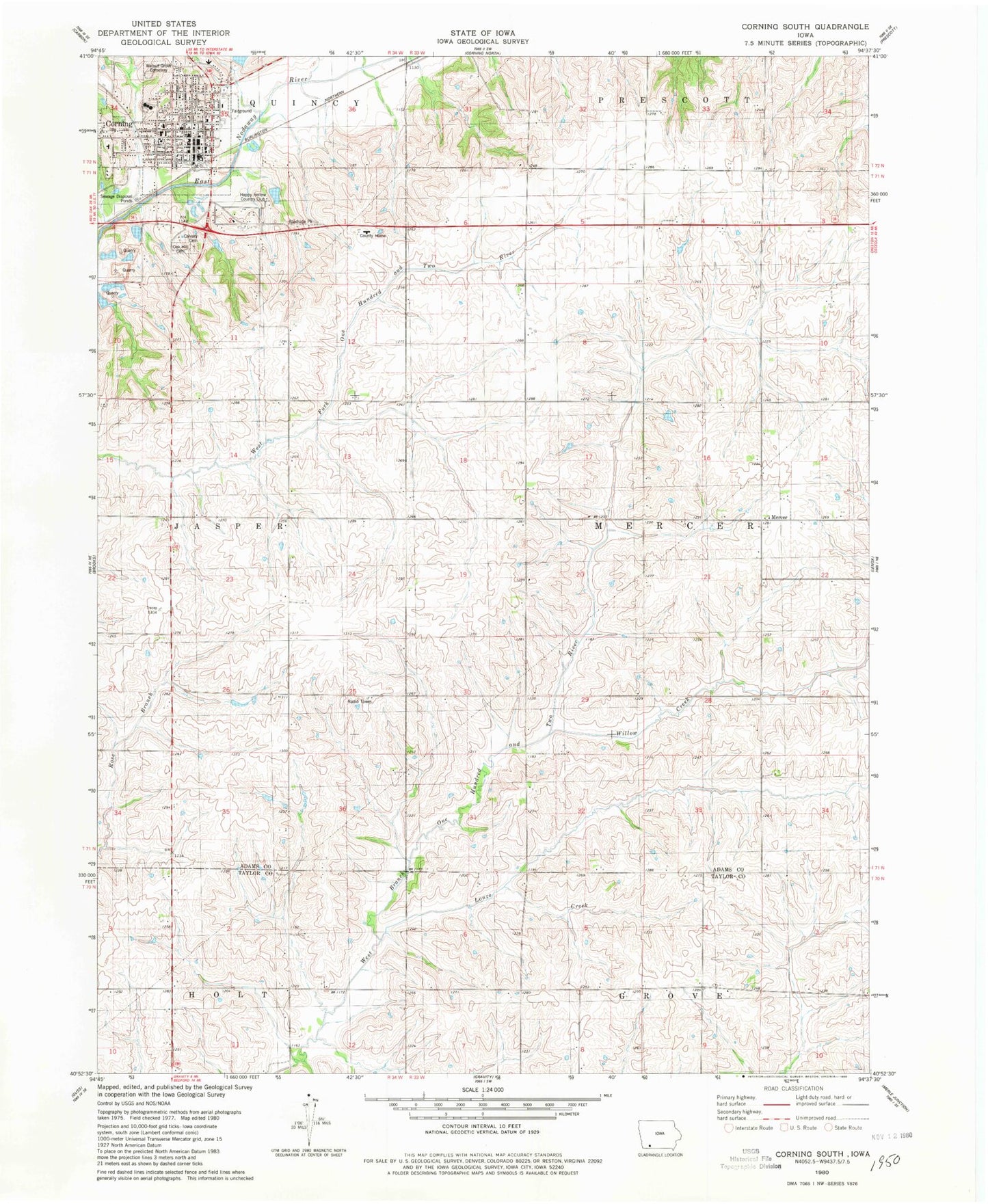 Classic USGS Corning South Iowa 7.5'x7.5' Topo Map Image