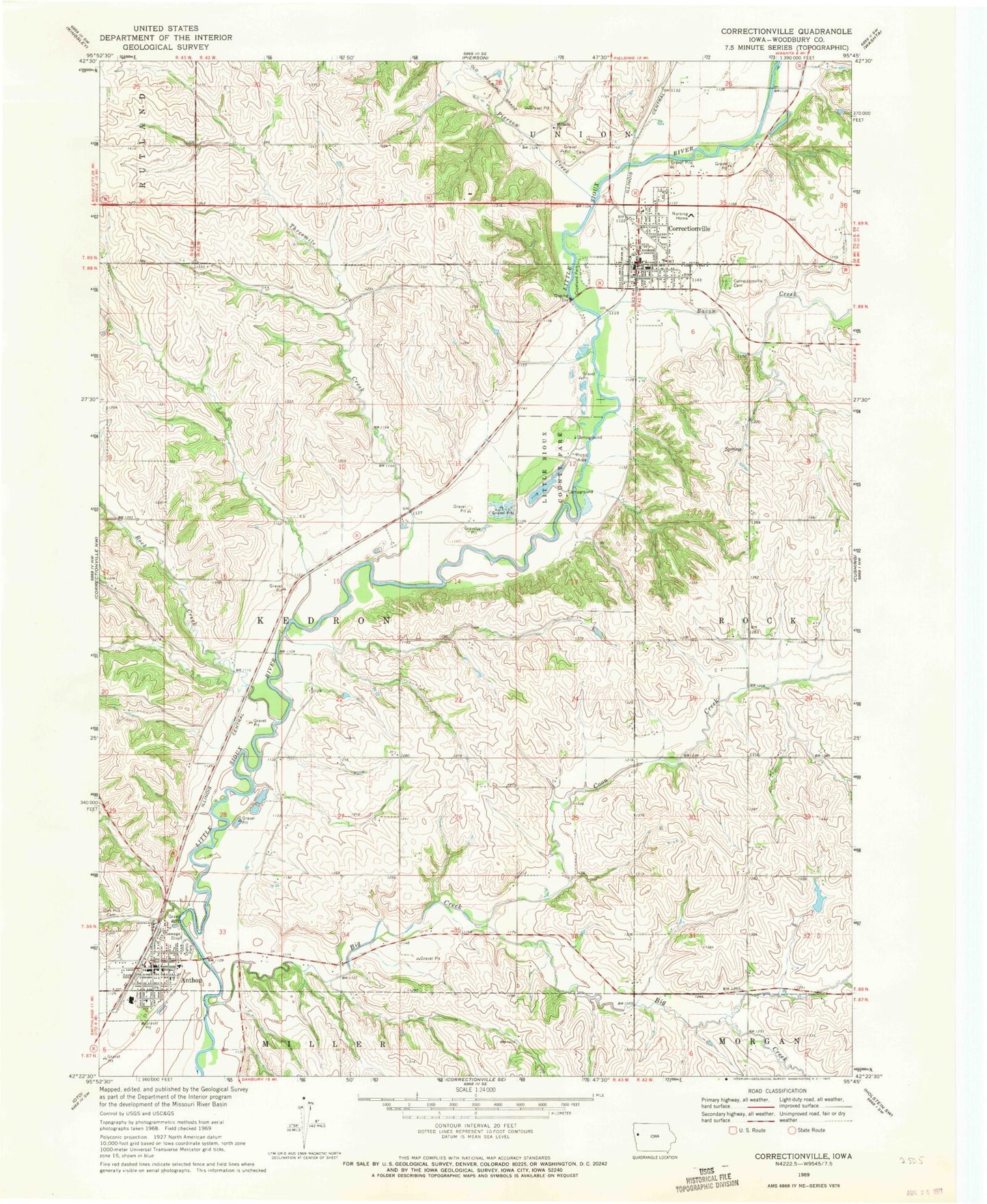 Classic USGS Correctionville Iowa 7.5'x7.5' Topo Map Image