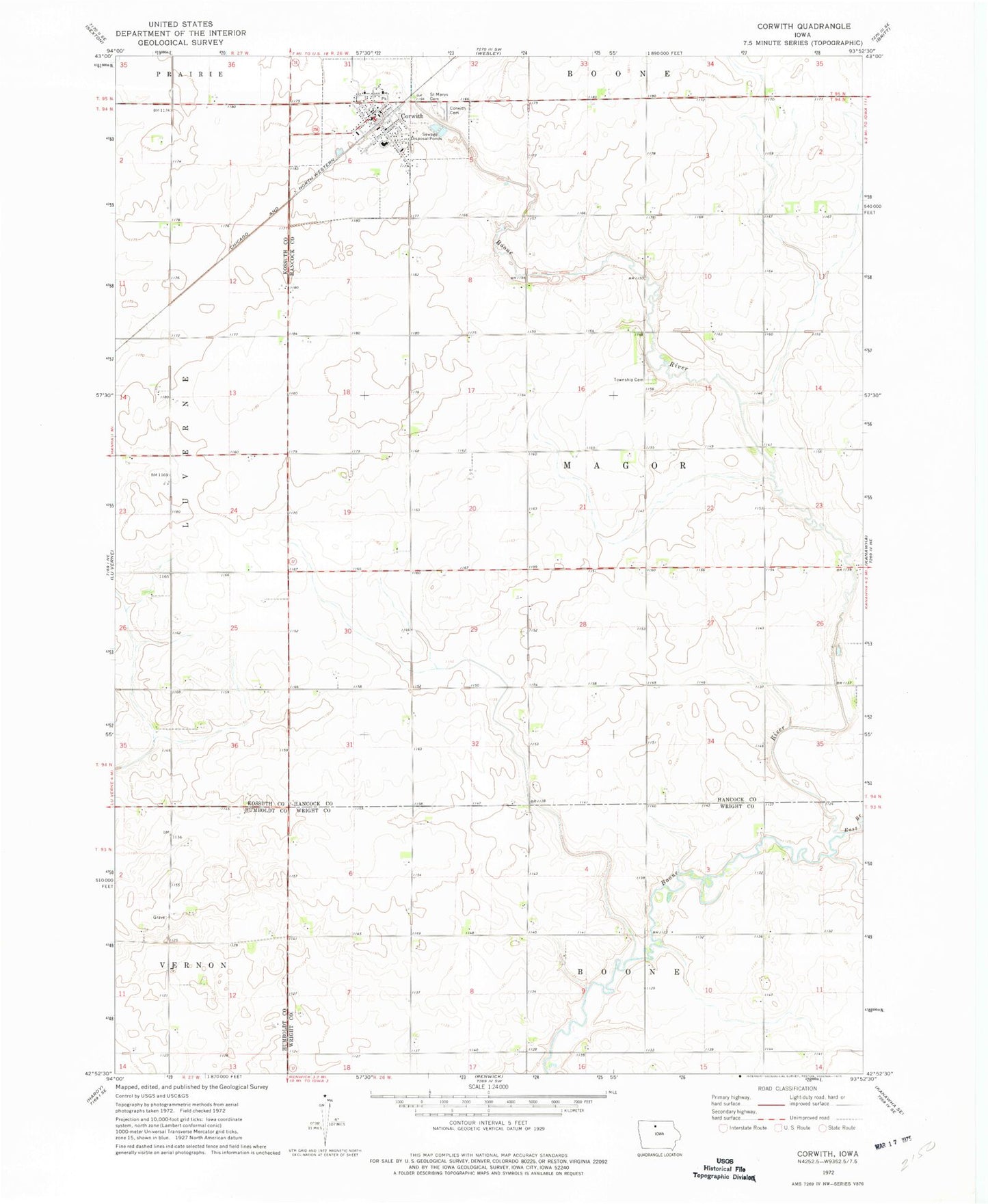 Classic USGS Corwith Iowa 7.5'x7.5' Topo Map Image