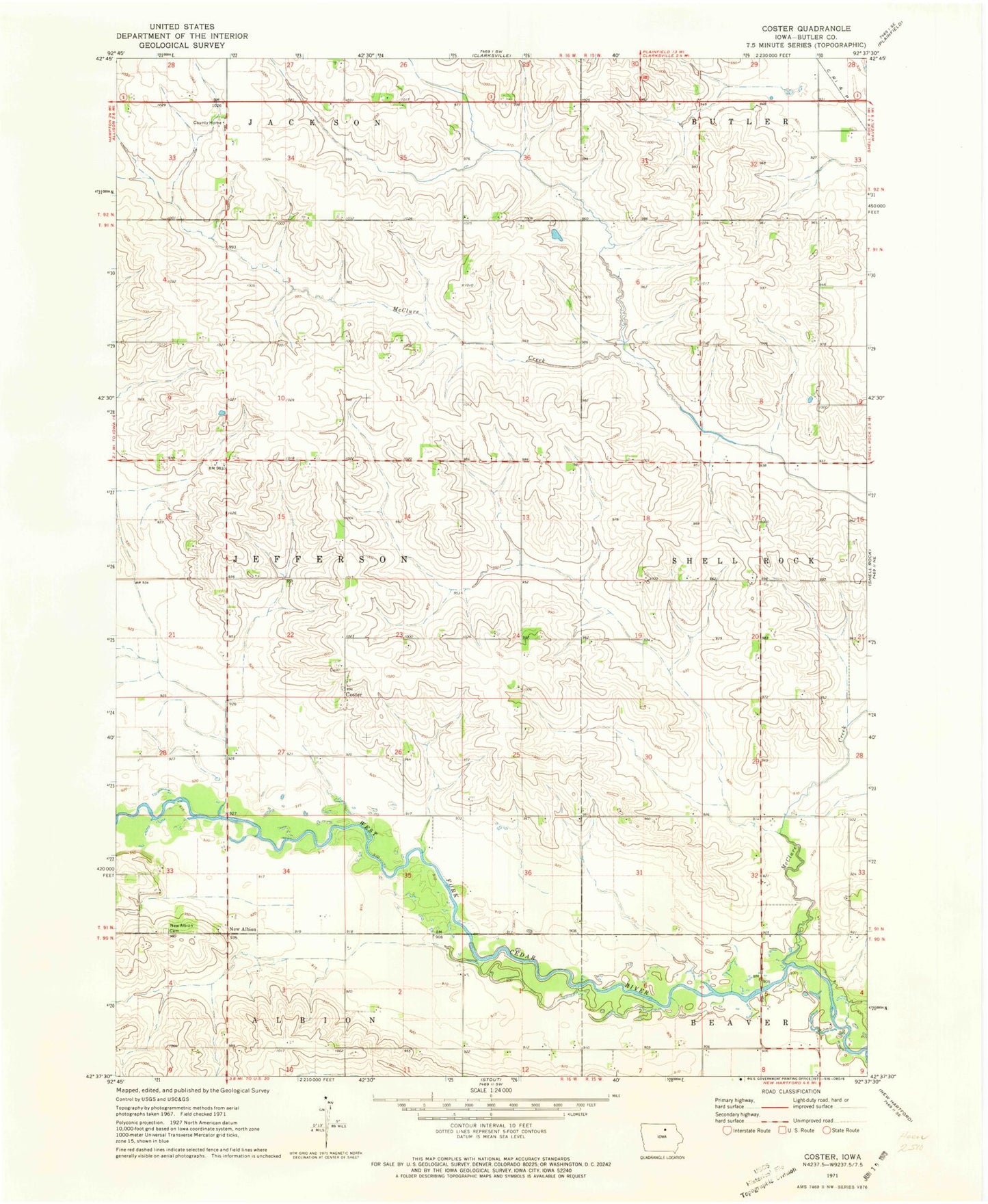 Classic USGS Coster Iowa 7.5'x7.5' Topo Map Image