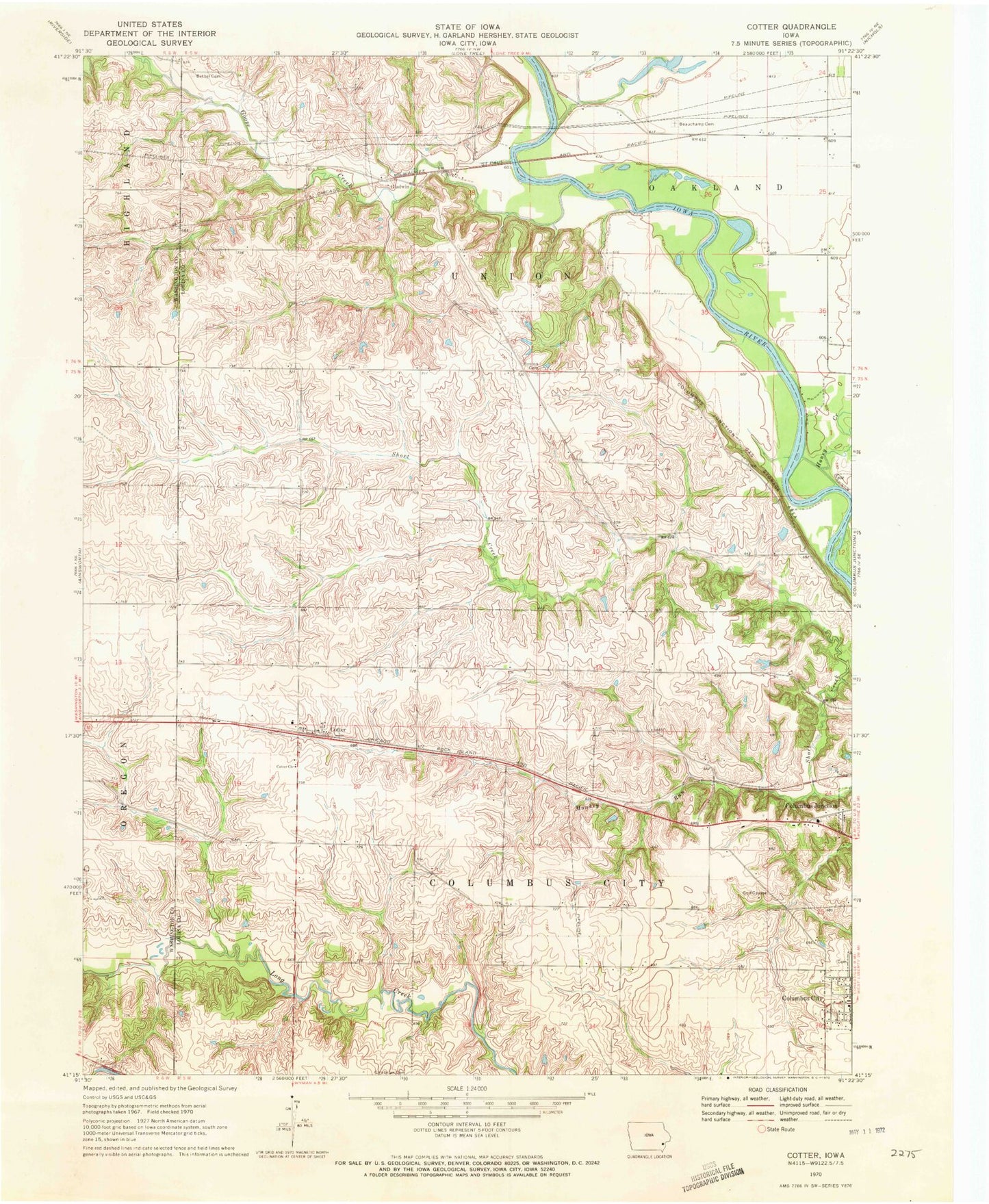 Classic USGS Cotter Iowa 7.5'x7.5' Topo Map Image