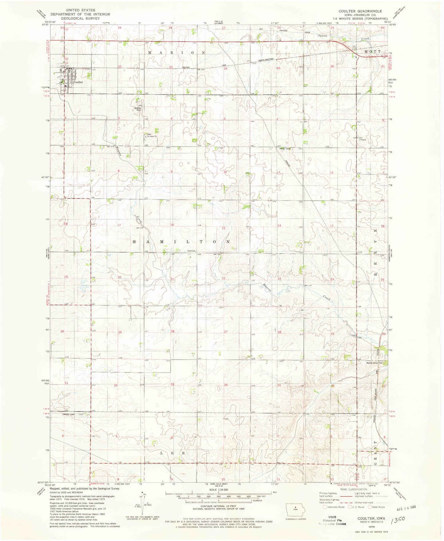 Classic USGS Coulter Iowa 7.5'x7.5' Topo Map Image