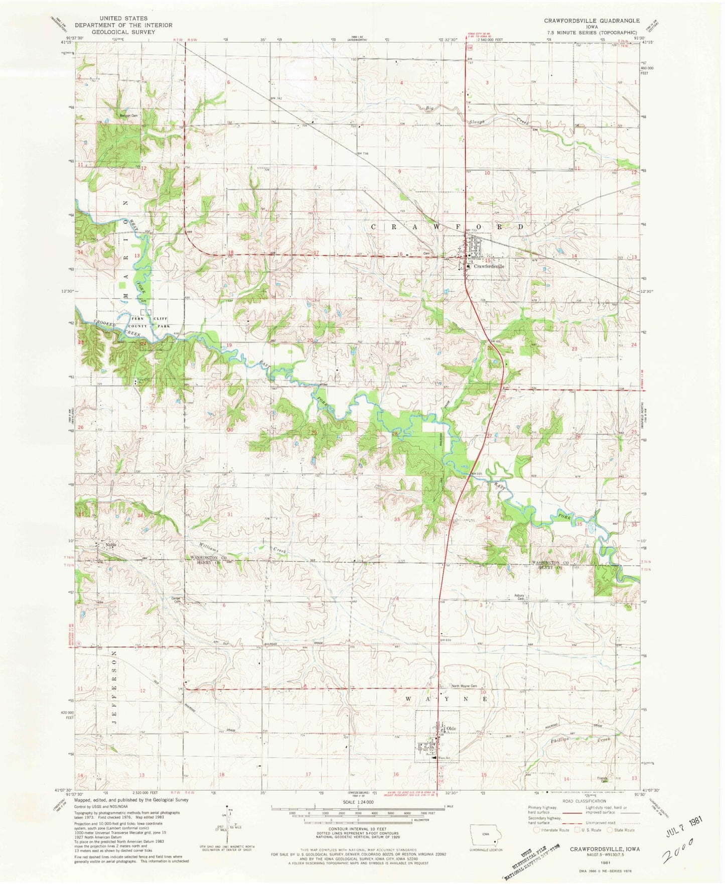 Classic USGS Crawfordsville Iowa 7.5'x7.5' Topo Map Image