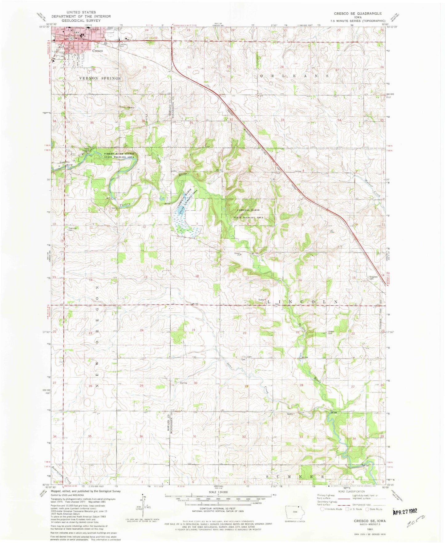 Classic USGS Cresco SE Iowa 7.5'x7.5' Topo Map Image