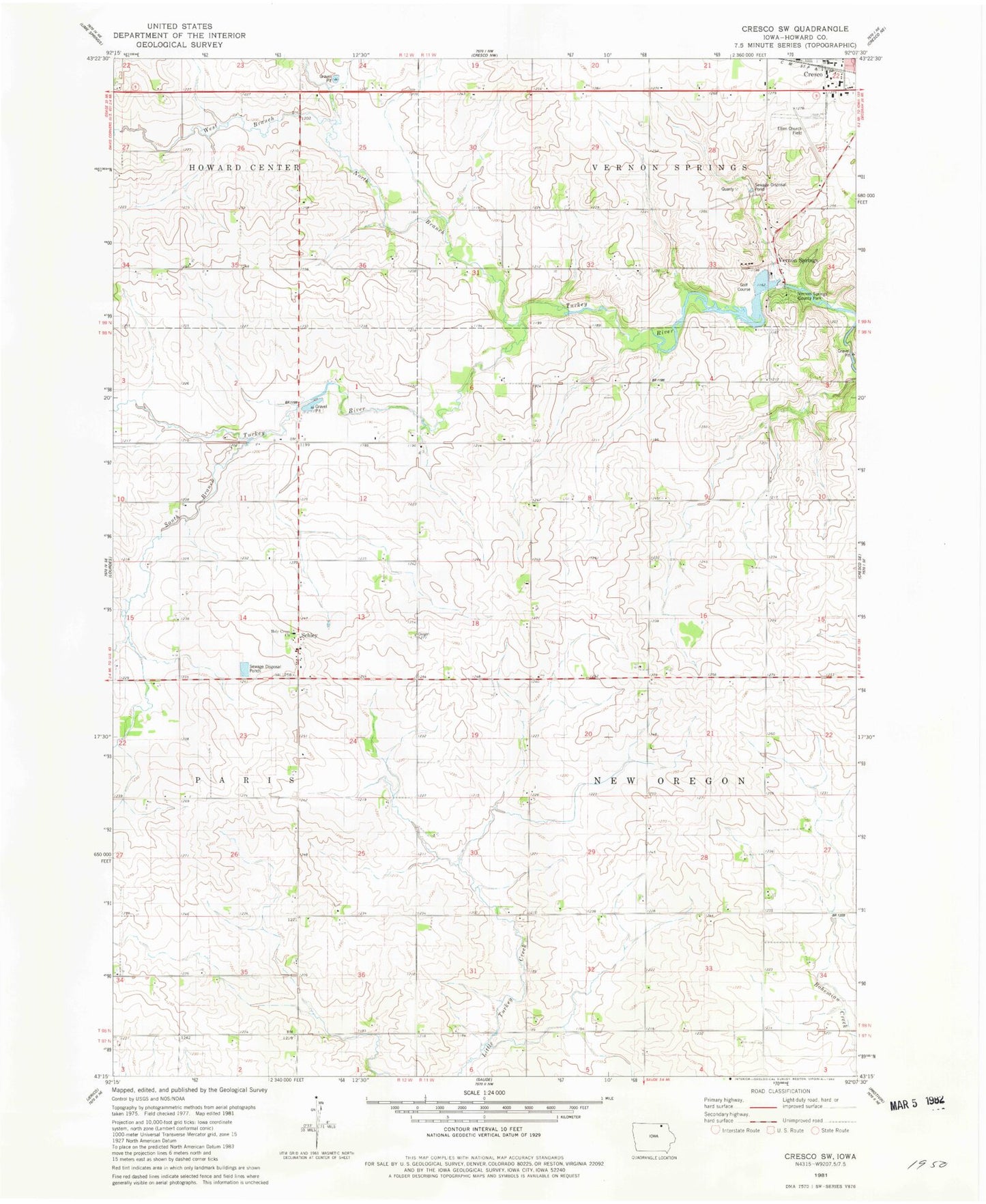 Classic USGS Cresco SW Iowa 7.5'x7.5' Topo Map Image
