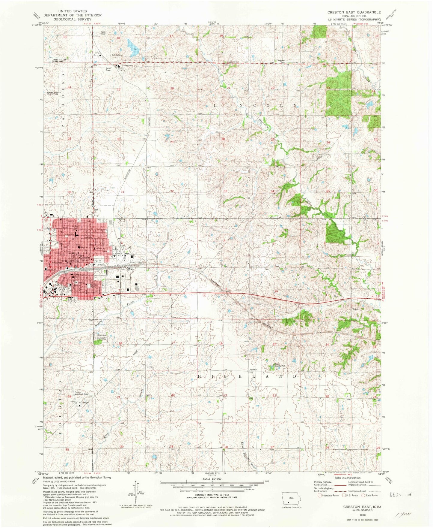 Classic USGS Creston East Iowa 7.5'x7.5' Topo Map Image