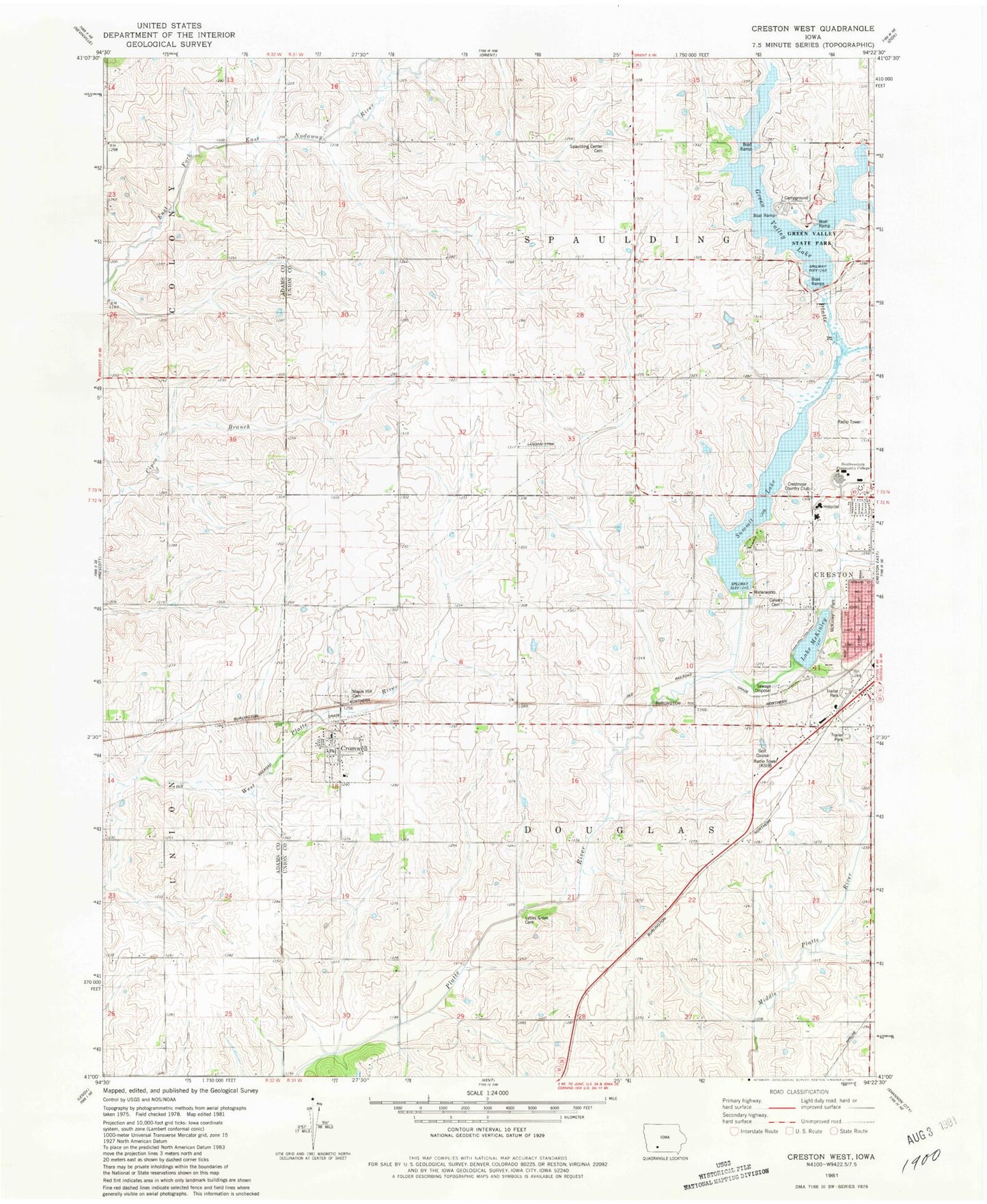 Classic USGS Creston West Iowa 7.5'x7.5' Topo Map Image