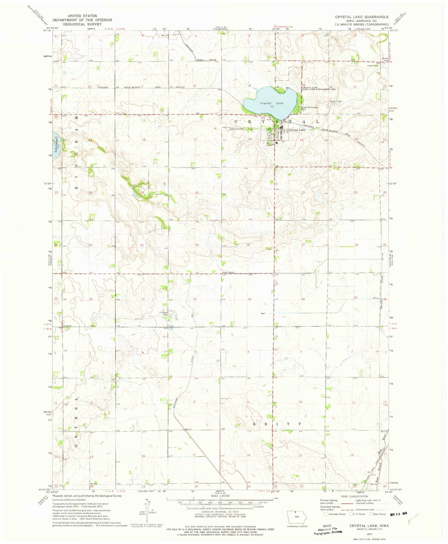 Classic USGS Crystal Lake Iowa 7.5'x7.5' Topo Map Image